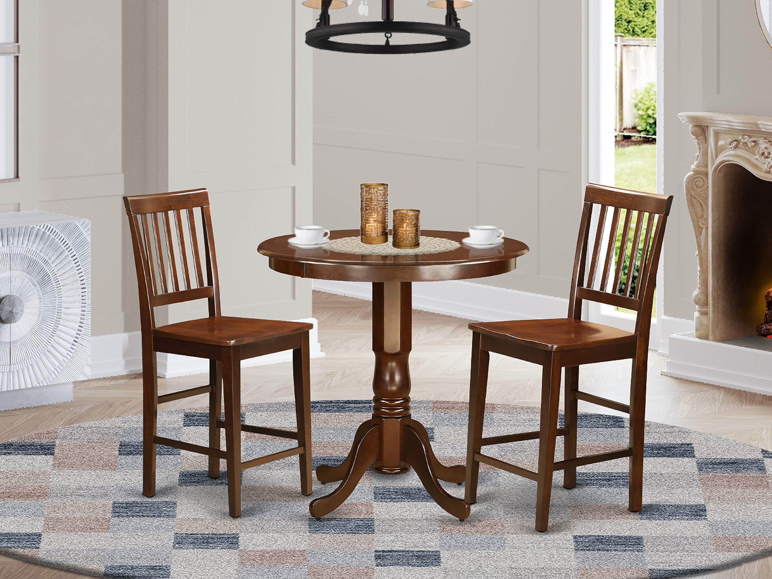 East West Furniture Javn3-Mah-W 3 Pc Dining Counter Height Set - High Top Table And 2 Dining Chairs.