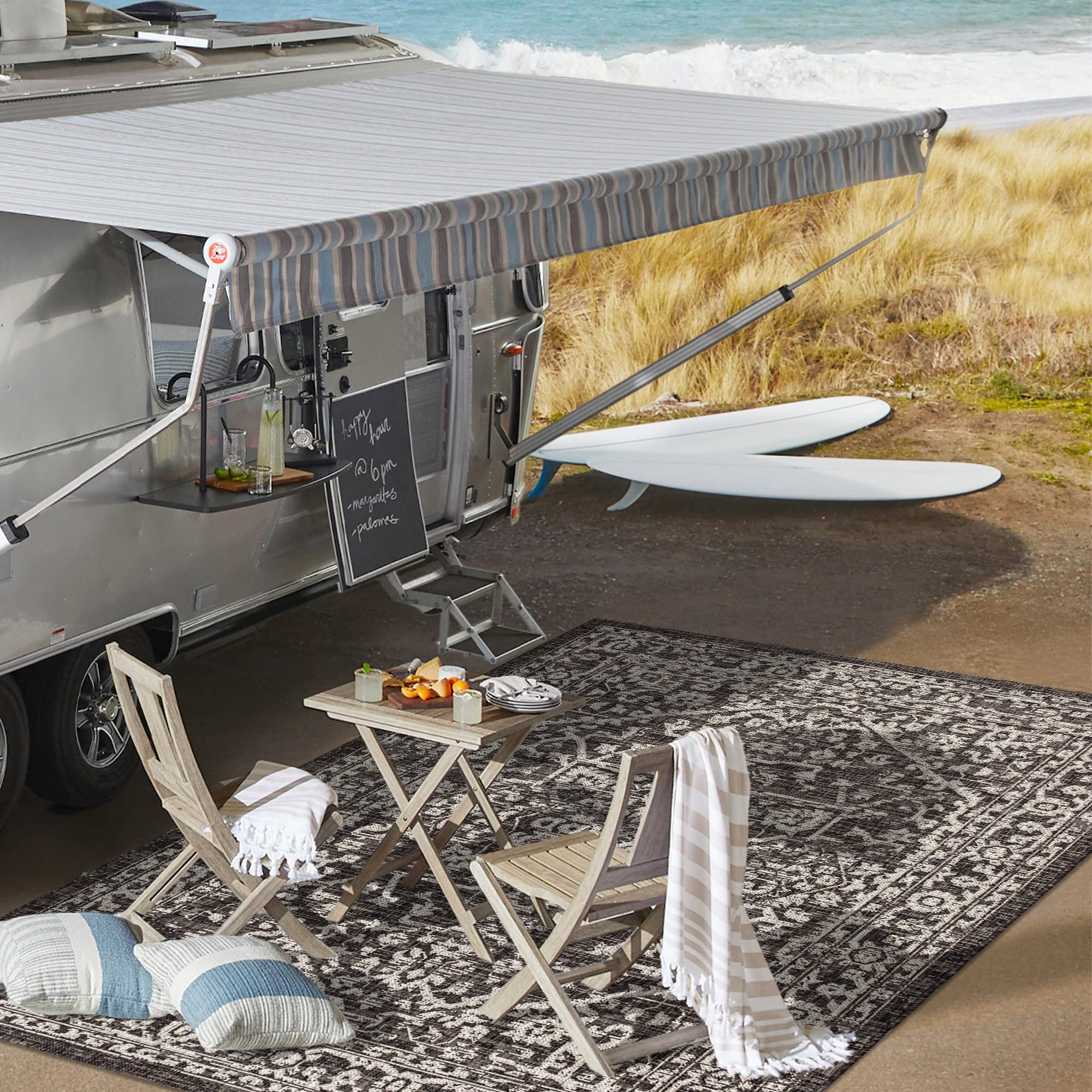 Jonathan Y Smb104C-8 Malta Bohemian Medallion Textured Weave Indoor Outdoor Area -Rug, Coastal, Traditional, Transitional Easy -Cleaning,Bedroom,Kitchen,Backyard,Patio,Non Shedding, Black/Gray, 8 X 10