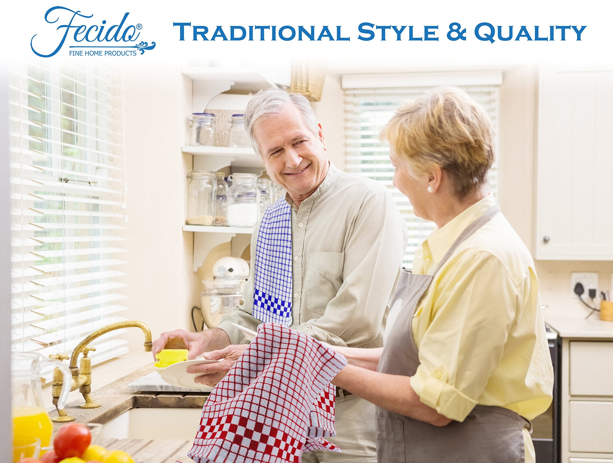 Fecido 10 Pack Classic Kitchen Dish Towels - Heavy Duty Super Absorbent 100% Cotton European Made Tea Towels Multi Color 19" X 27"