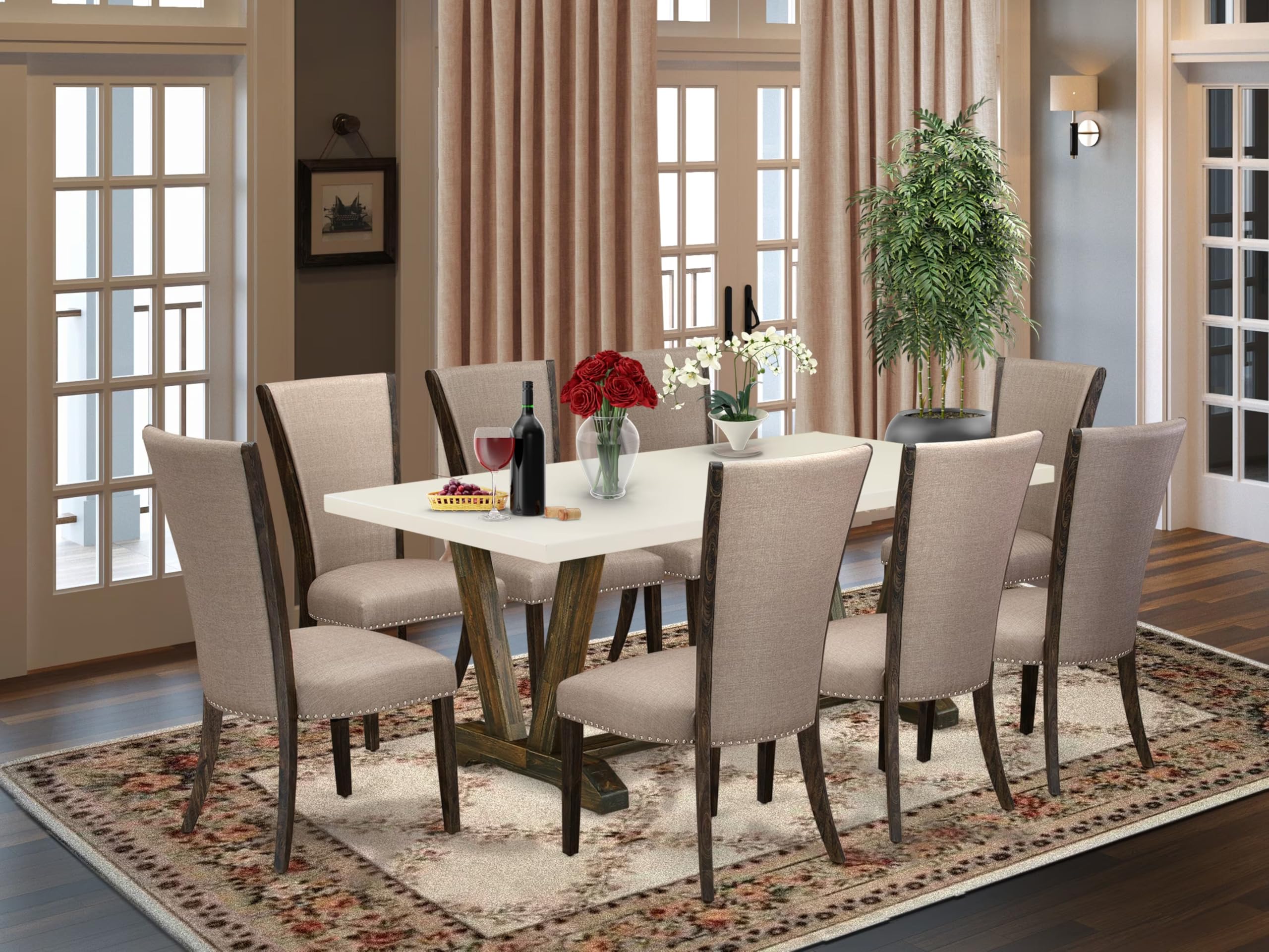 East West Furniture V727Ve703-9 9 Piece Kitchen Table Set Includes A Rectangle Dining Table With V-Legs And 8 Brown Linen Fabric Parson Dining Room Chairs, 40X72 Inch, Multi-Color