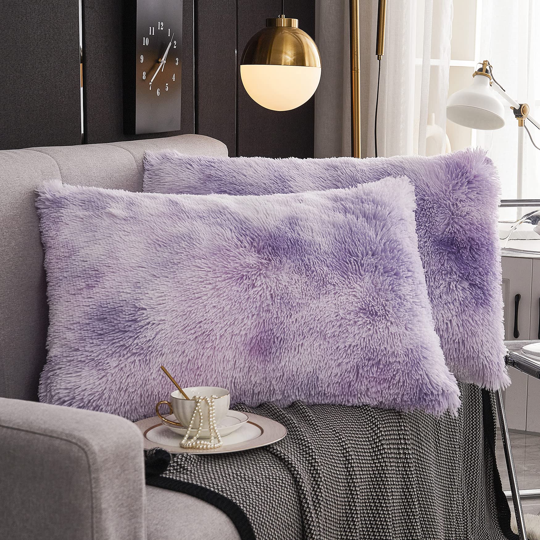 Werdim Shaggy Fluffy Faux Fur Pillowcases 2 Pack Button Closure Velvet Pillow Shams Standard/Queen Size (Tie Dye Lilac, 20 X 26