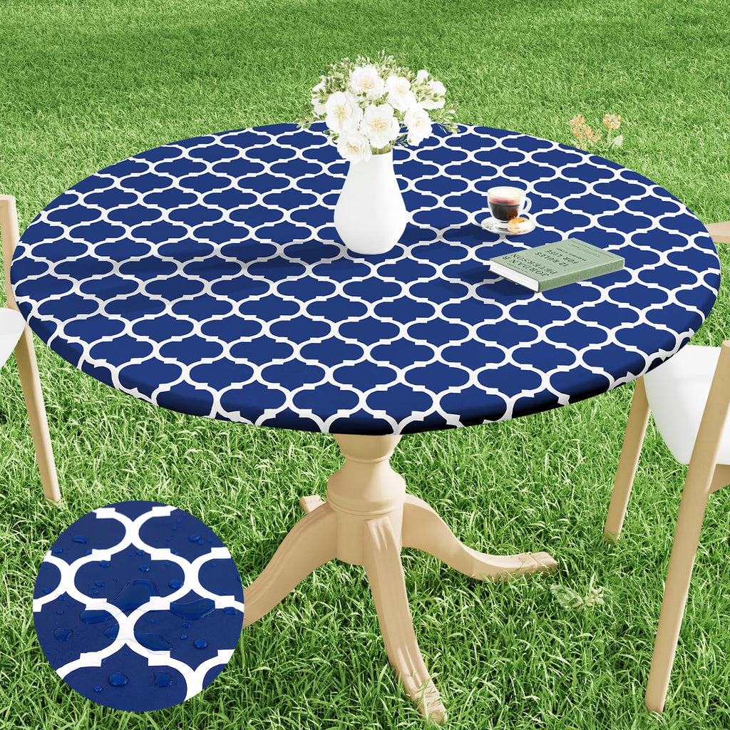 Smiry Round Picnic Tablecloth, Waterproof Elastic Fitted Table Covers For 36' - 44' Tables, Wipeable Flannel Backed Vinyl Tablecloths For Camping, Indoor, Outdoor, Navy & White