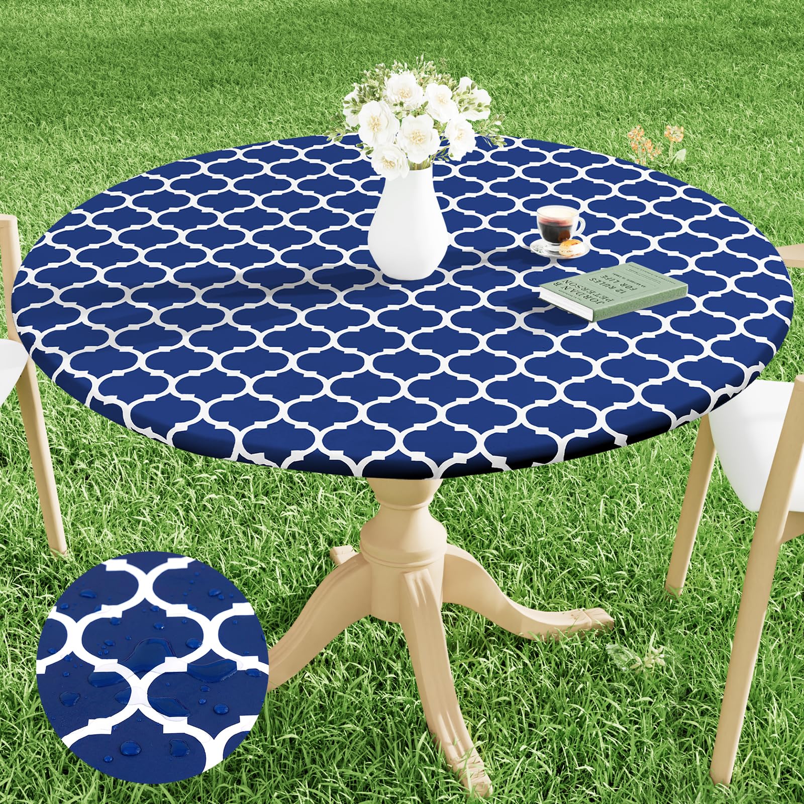 Smiry Round Picnic Tablecloth, Waterproof Elastic Fitted Table Covers For 36' - 44' Tables, Wipeable Flannel Backed Vinyl Tablecloths For Camping, Indoor, Outdoor, Navy & White