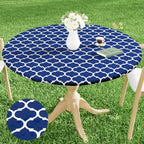 Smiry Round Picnic Tablecloth, Waterproof Elastic Fitted Table Covers For 57' - 68' Tables, Wipeable Flannel Backed Vinyl Tablecloths For Camping, Indoor, Outdoor, Navy & White