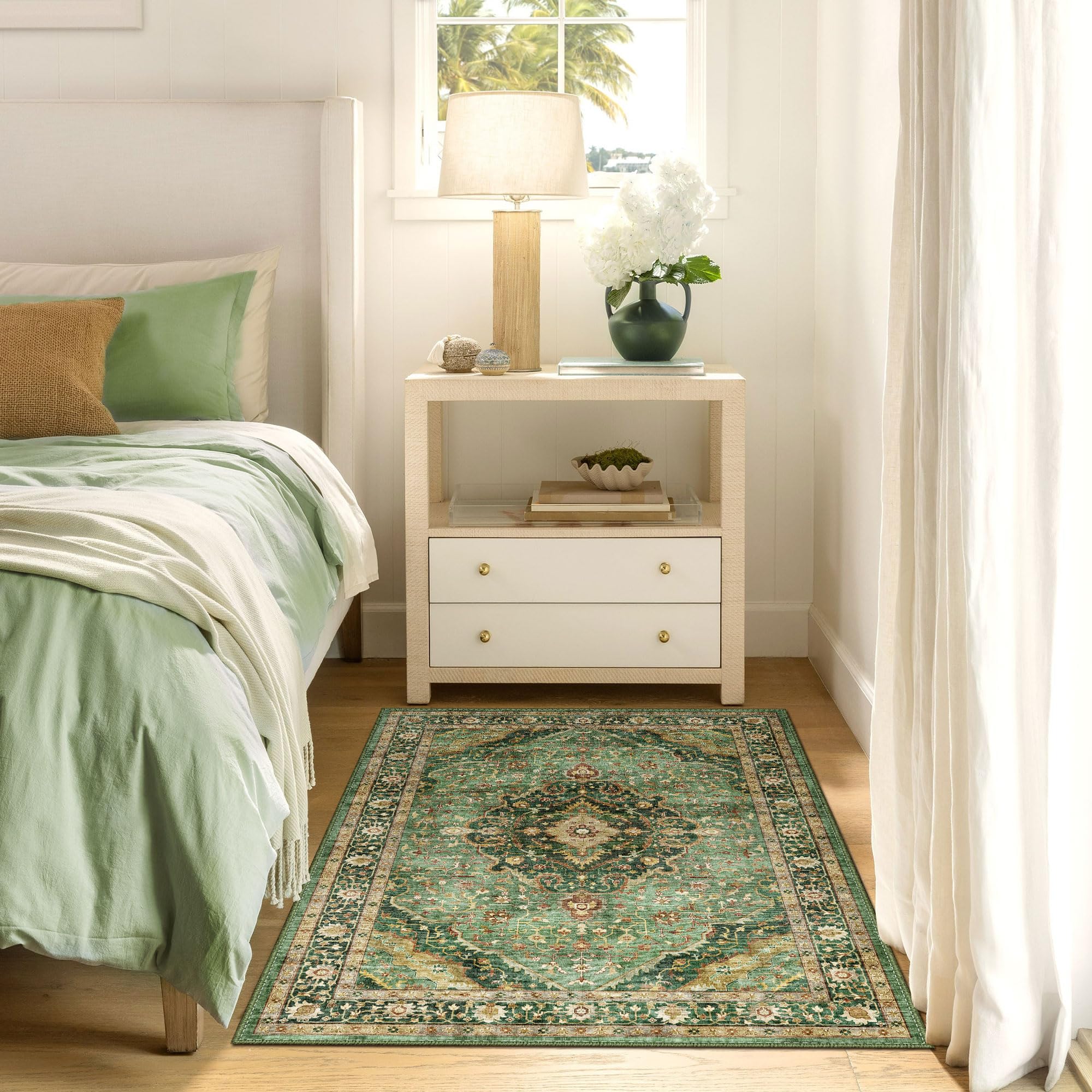 Deerly Green Rug 3x5 Area Rug with Non-Slip Backing, Washable Rugs for Bedroom Living Room Kitchen, Distressed Carpet Printed Lo