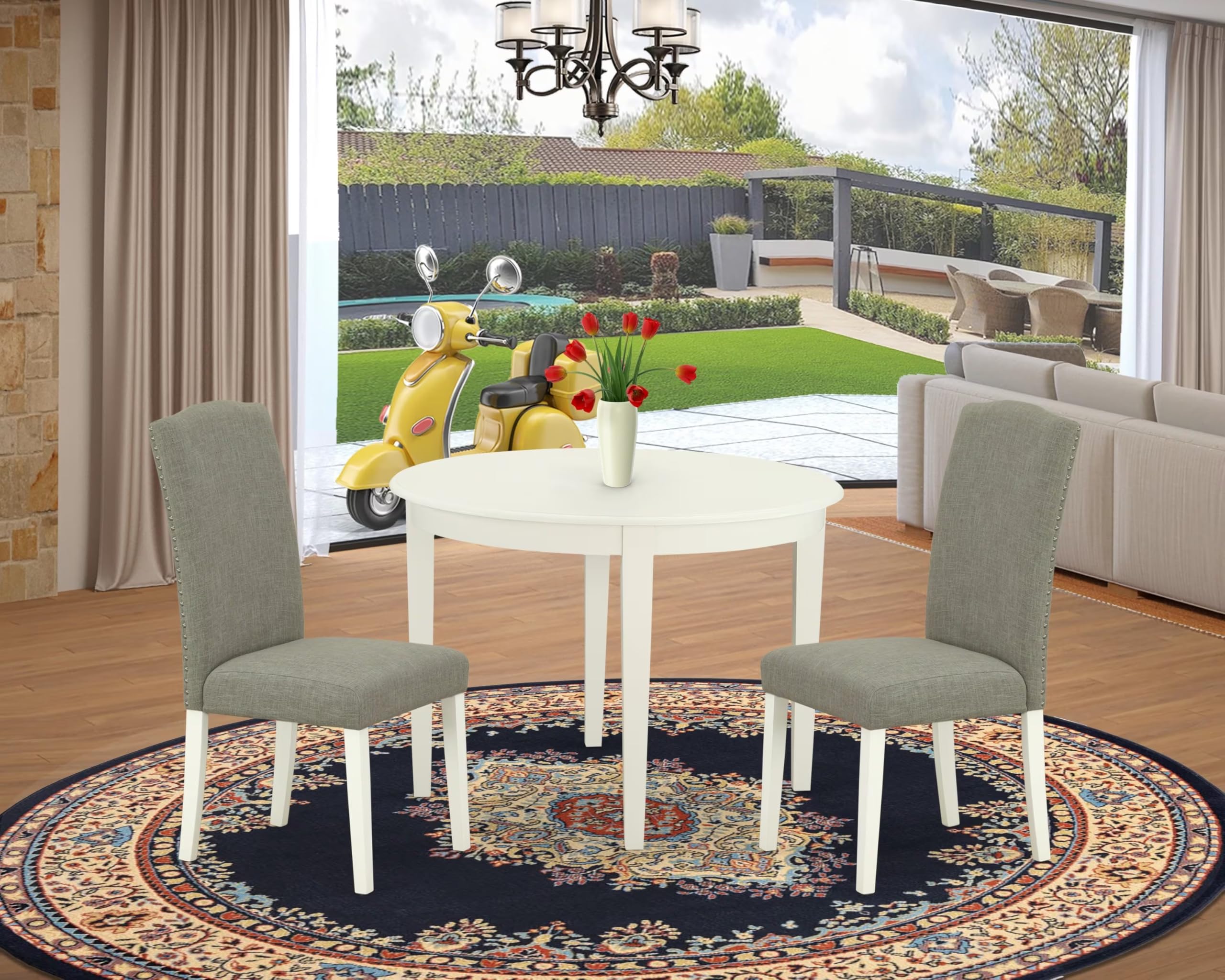 East West Furniture Boen3-Lwh-06 3 Piece Dining Room Furniture Set Contains A Round Kitchen Table And 2 Dark Shitake Linen Fabric Parson Dining Chairs, 42X42 Inch, Linen White