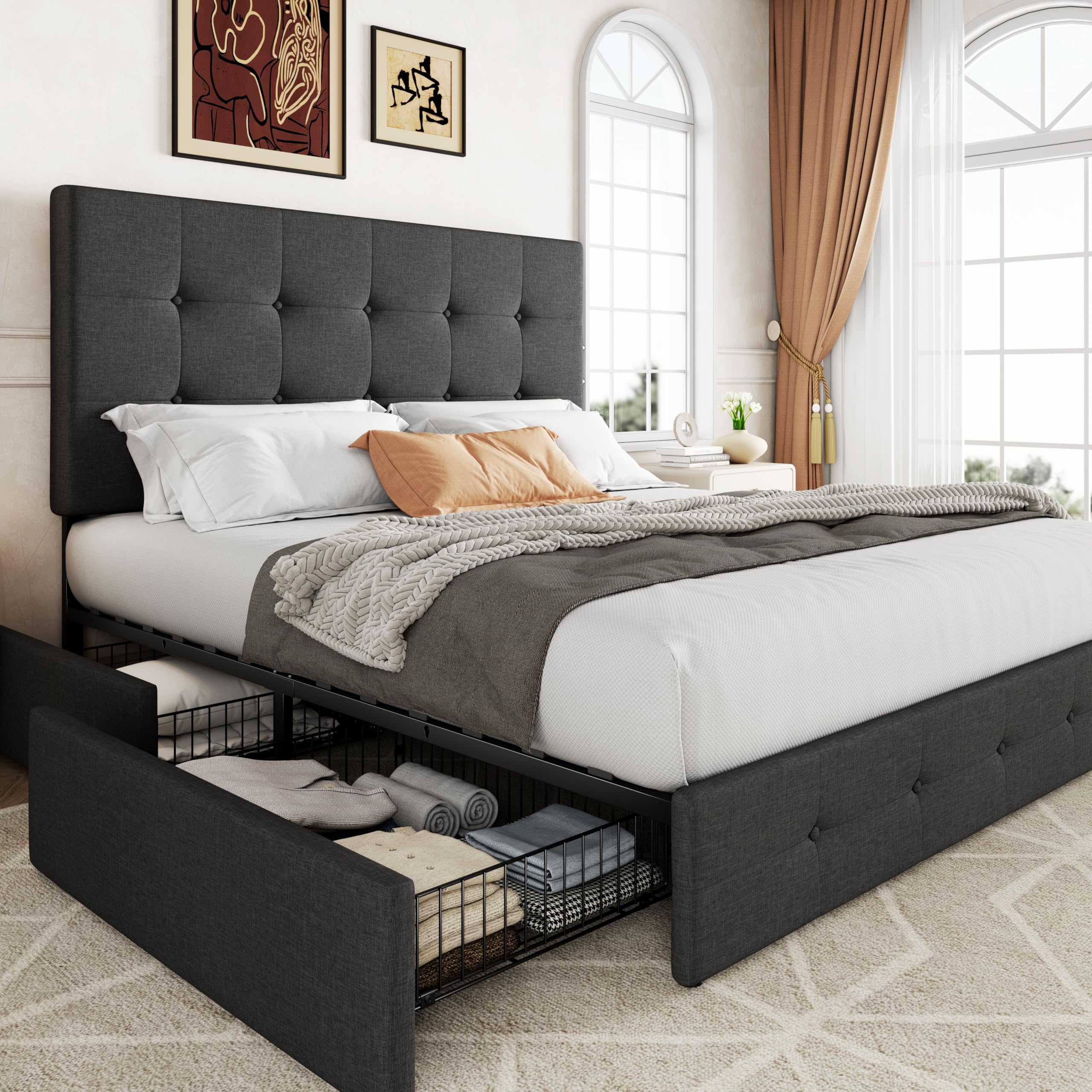 Allewie Upholstered Queen Size Platform Bed Frame with 4 Storage Drawers and Headboard, Square Stitched Button Tufted, Mattress 