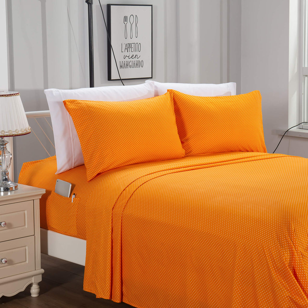Elegant Comfort Delilah Polkadot 4-Piece Set, Fade & Wrinkle Resistant, 1500 Premium Hotel Quality Microfiber Deep Pocket Fitted Sheet Featuring Smart Pockets, Polkadot Sheet Set, Twin Xl, Orange