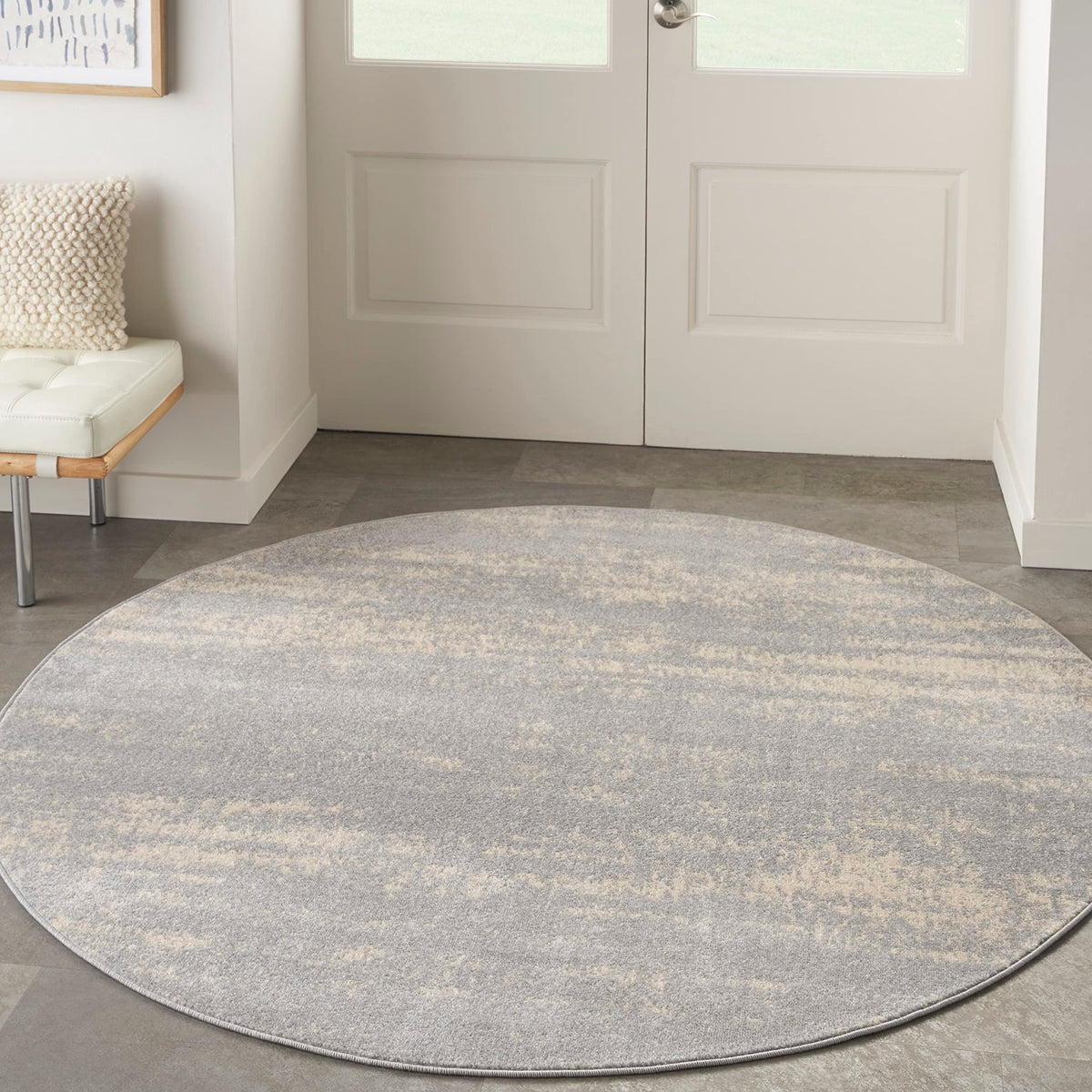 Nourison Essentials Indoor/Outdoor Solid Abstract Grey/Beige 4' X Round Area Rug, Easy Cleaning, Non Shedding, Bed Room, Living Room, Dining Room, Backyard, Deck, Patio (4 Round)