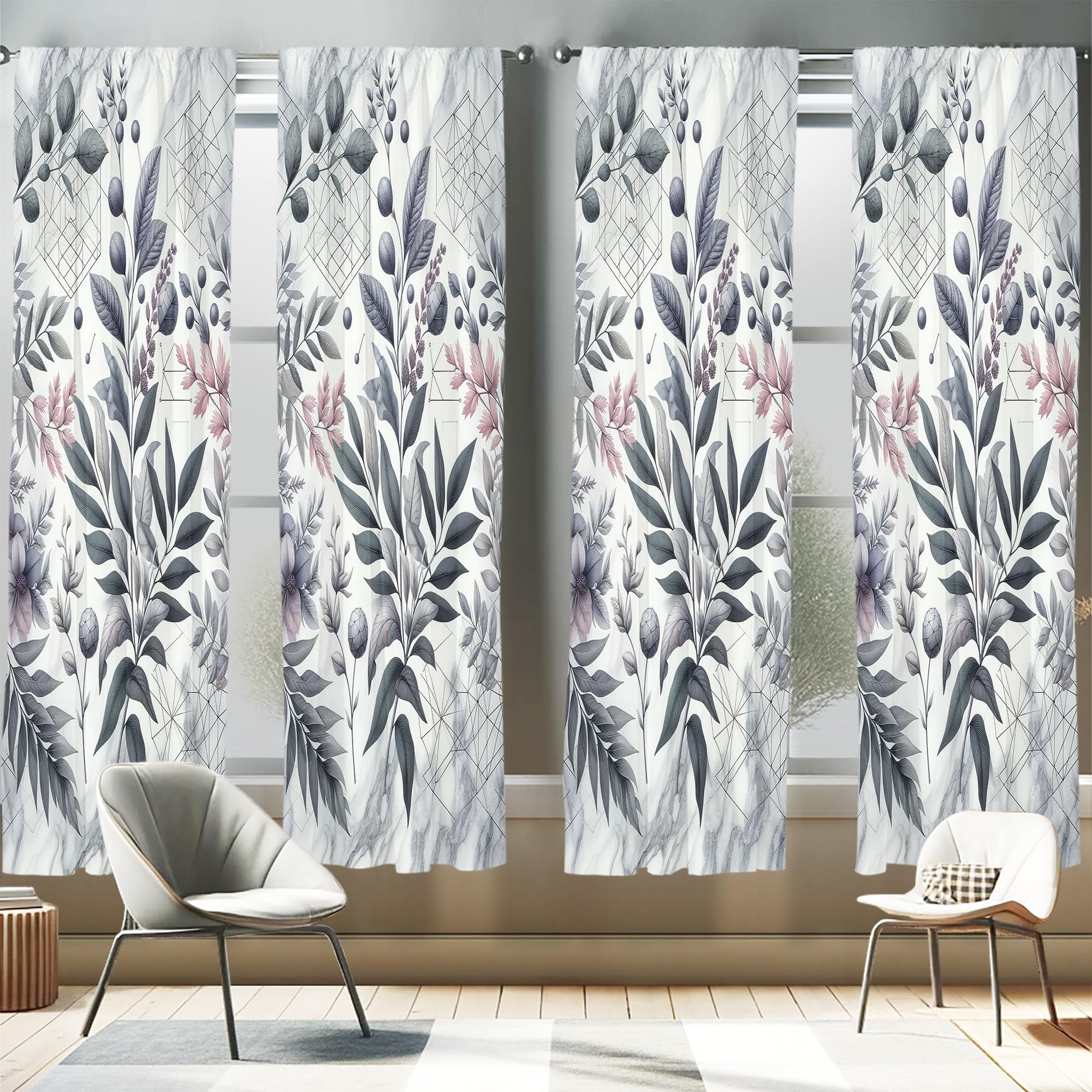Ambesonne Leafy Art Window Curtains Pack of 2, Muted Forest Leaves and Gentle Flowers with Geometric Cube Details, Lightweight S