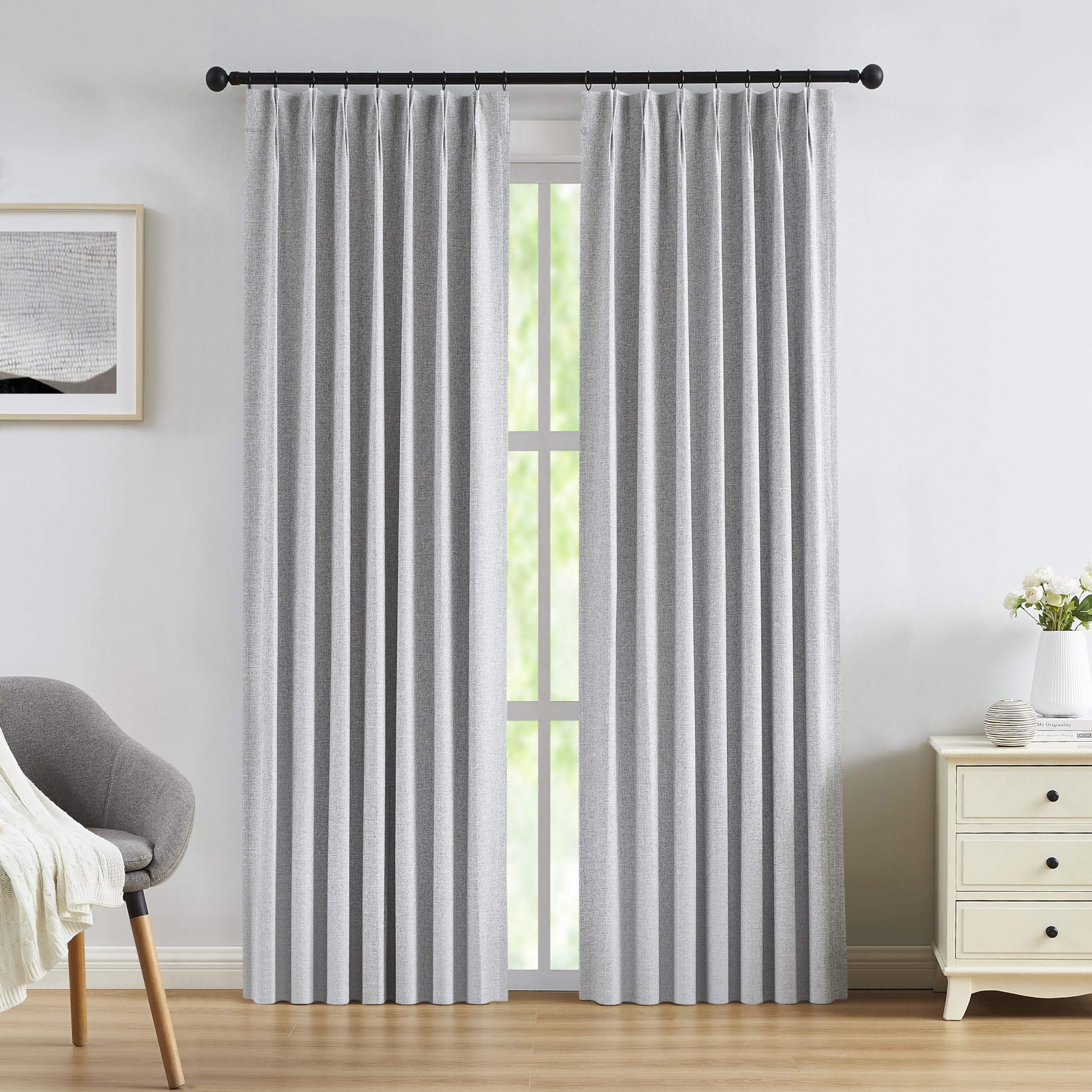 Kayne Studio Full Blackout Grey Linen Textured Pinch Pleated Curtains 84 inch Long for Living Room,Thermal Insulating Pinch Plea
