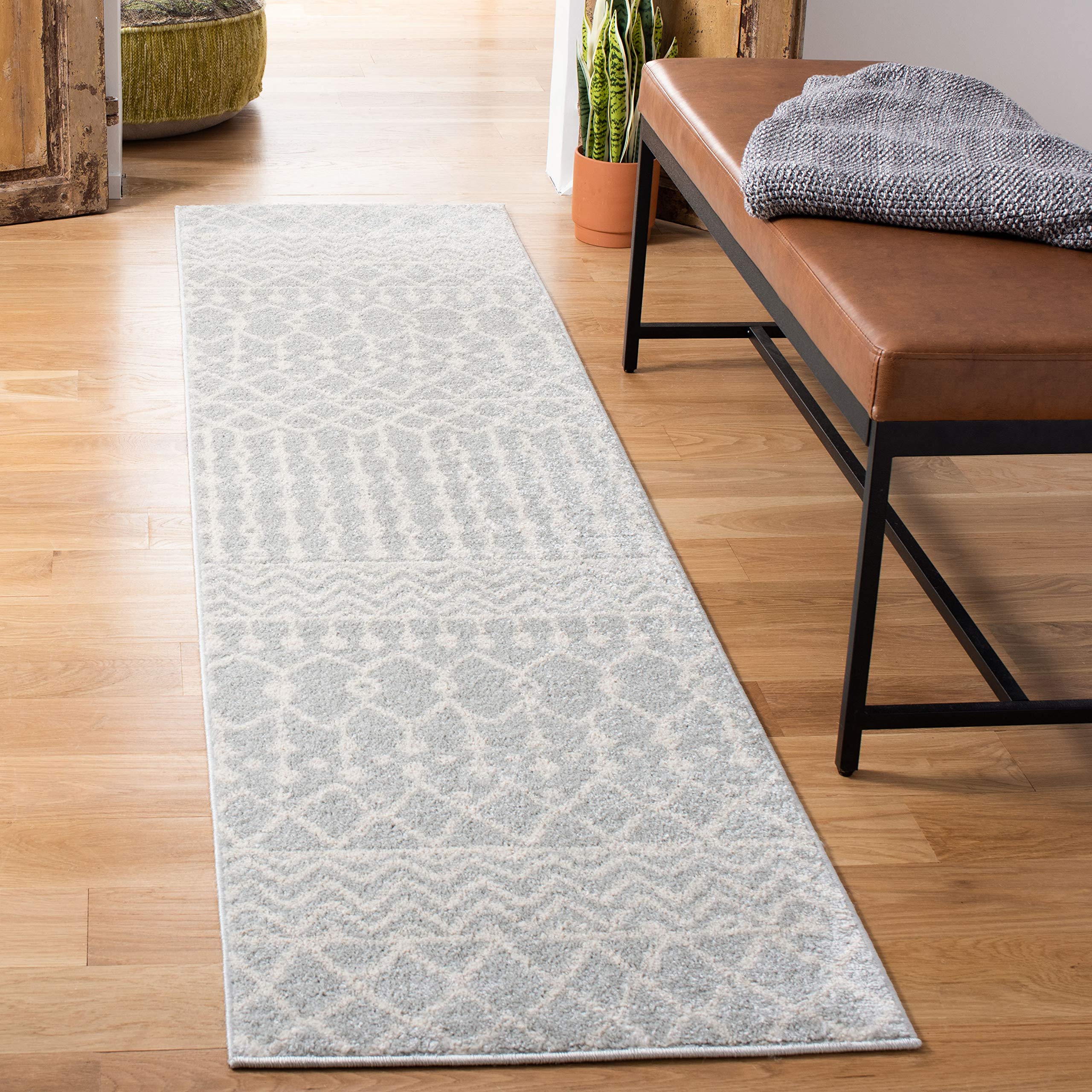 SAFAVIEH Tulum Collection Runner Rug - 2 x 9, Light Grey & Ivory, Moroccan Boho Distressed Design, Non-Shedding & Easy Care, I