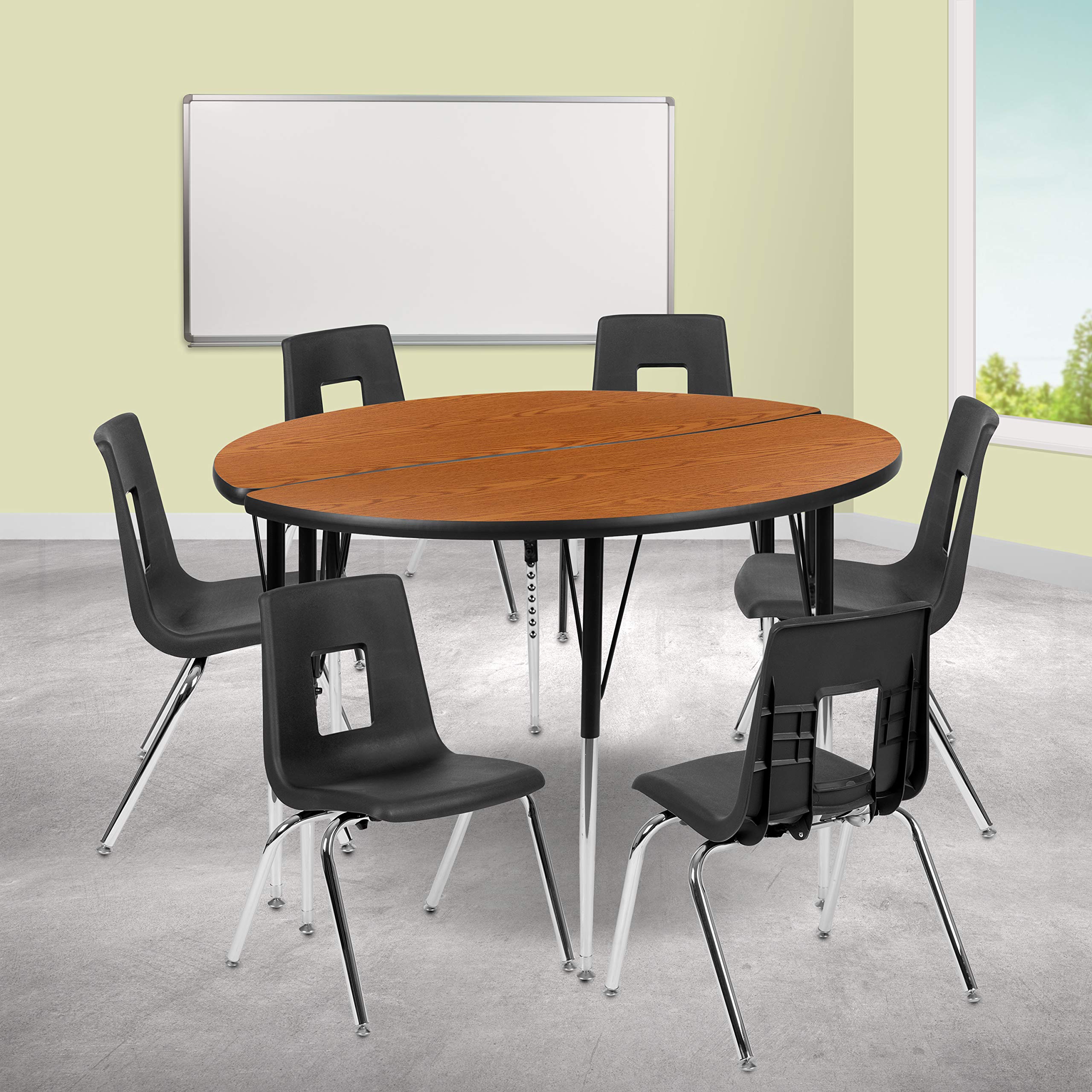 Flash Furniture 47.5' Circle Wave Collaborative Laminate Activity Table Set With 18' Student Stack Chairs, Oak/Black
