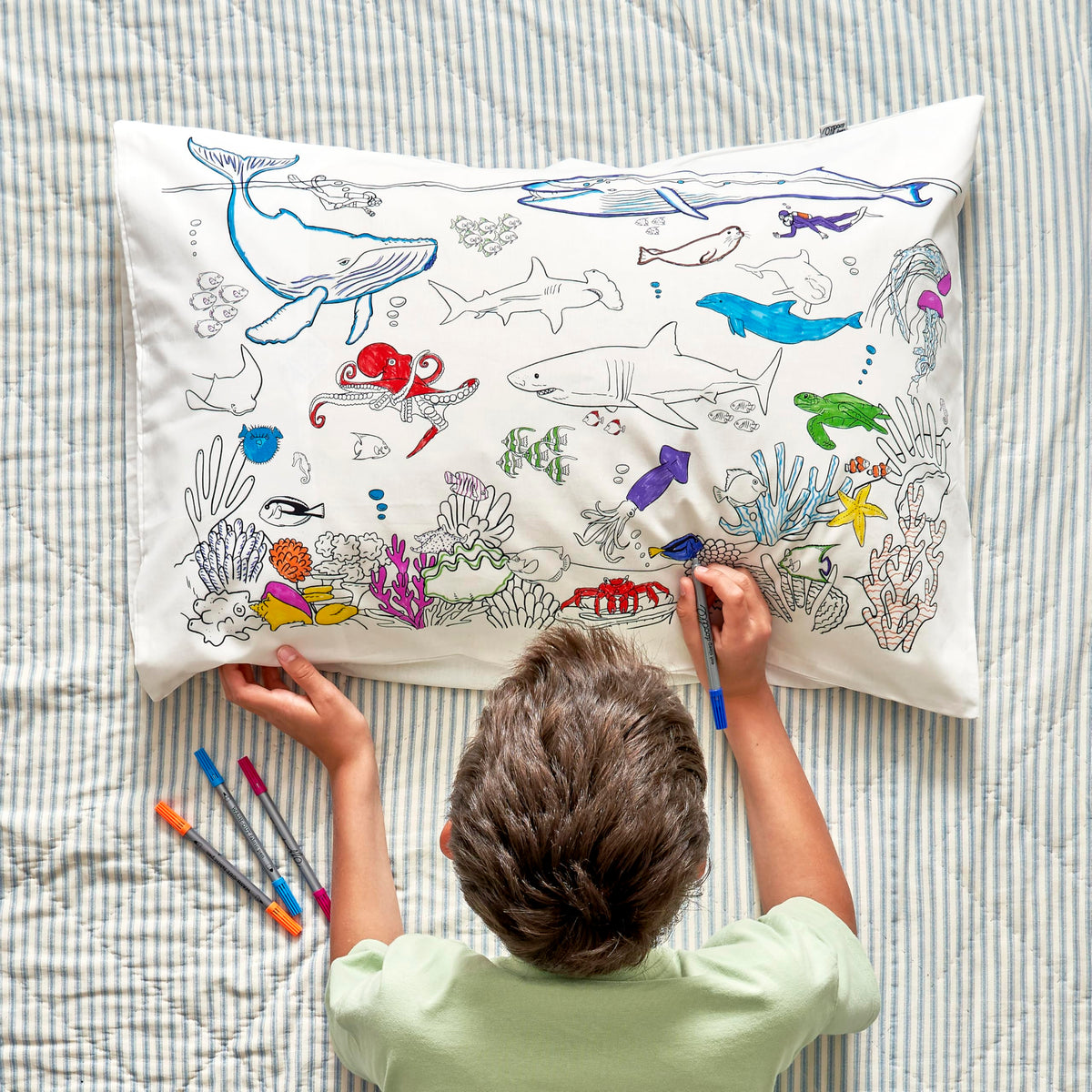 Eatsleepdoodle Colouring Pillowcase For Kids W/ 10Pk Washable Markers For Kids - 30X20In Under The Sea Kids Colouring Pillowcase