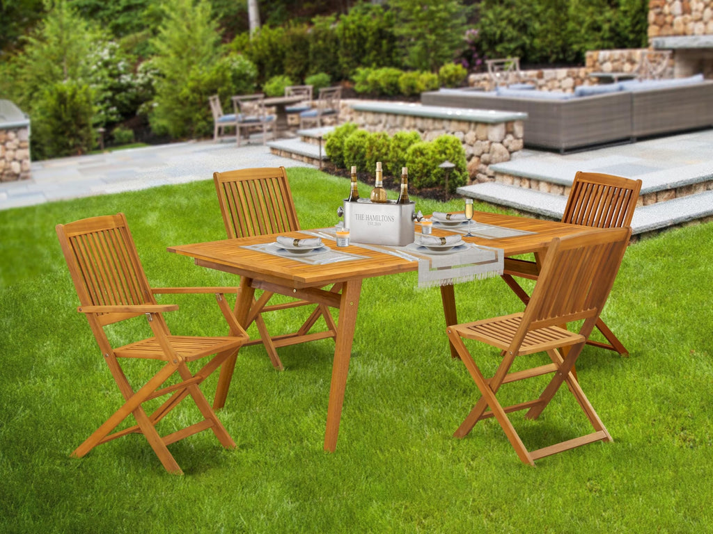 East West Furniture Decm52Cana 5 Piece Patio Bistro Dining Set Includes A Rectangle Outdoor Acacia Wood Table And 2 Folding Arm Chairs With 2 Side Chairs, 40X72 Inch, Natural Oil