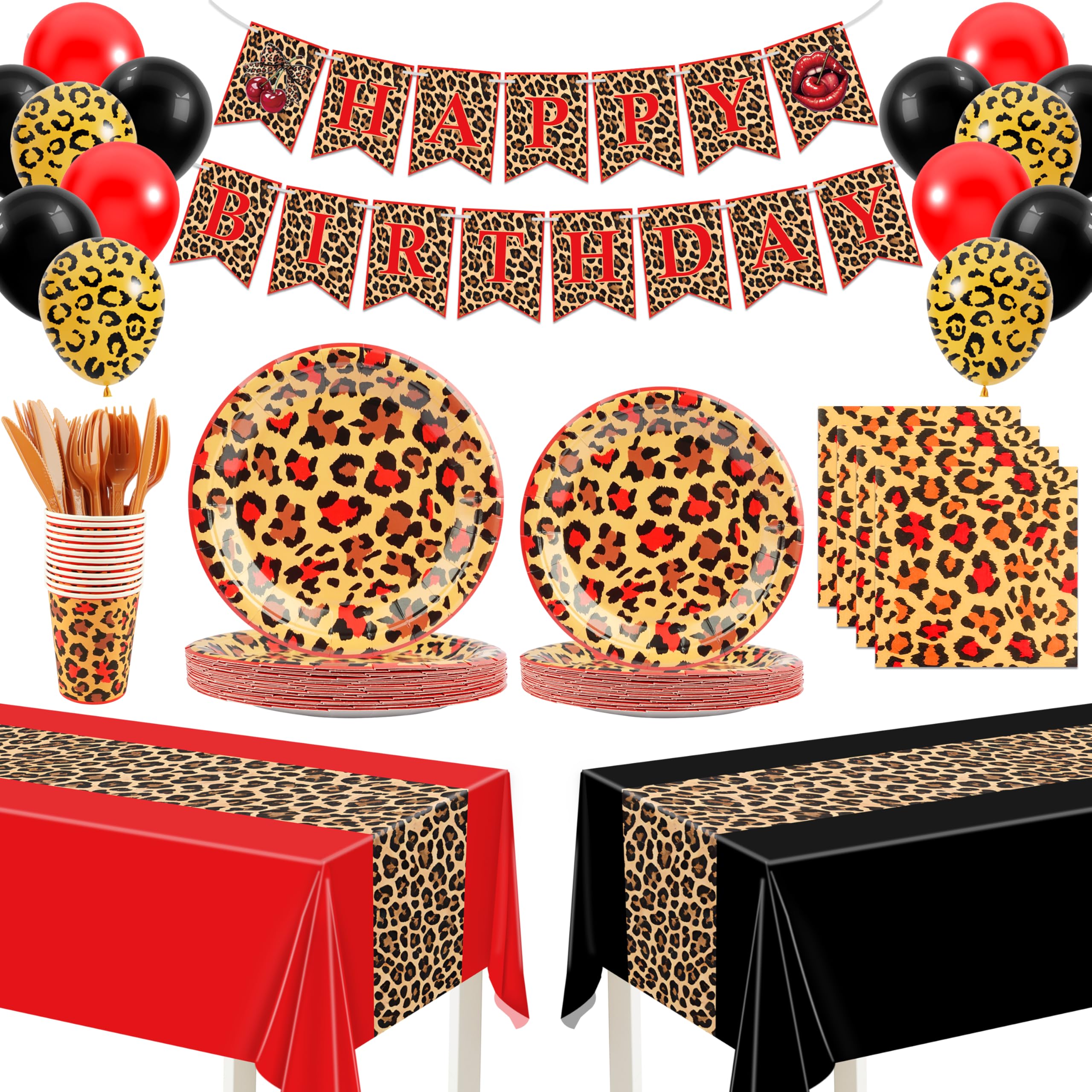 THAWAY 210Pcs Cheetah Print Birthday Decorations, Leopard Birthday Decorations Includes Cheetah and Cherry Print Balloons, Table