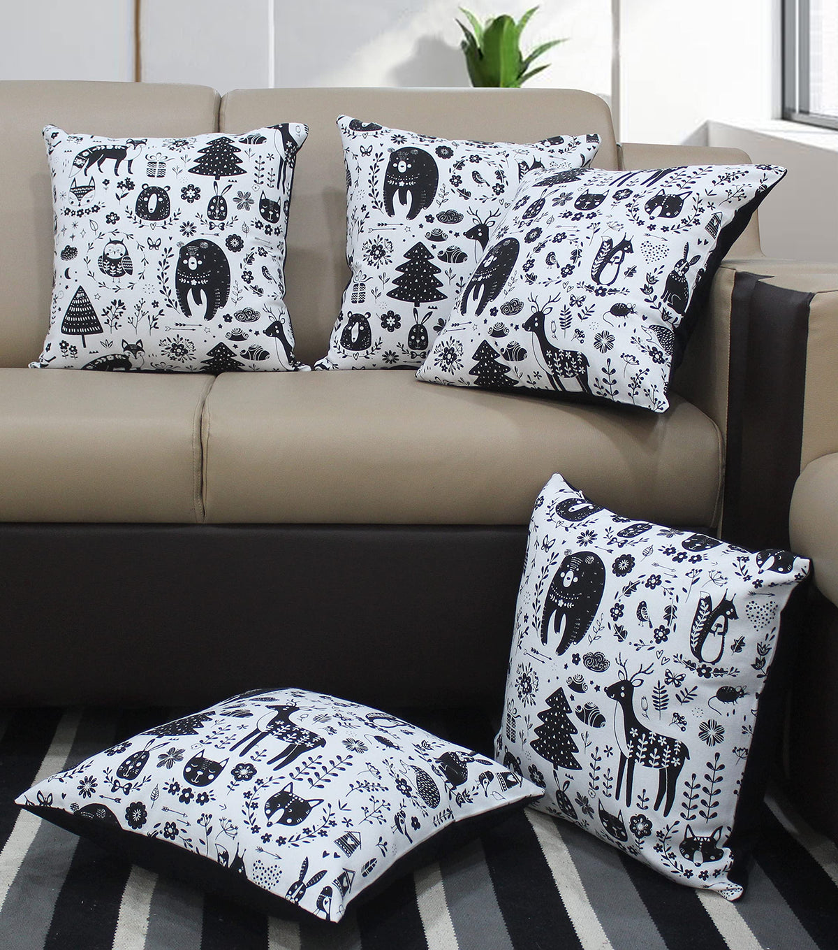 Airwill Cotton Wild Animals Themed Cushion Covers For Cushions & Pillows (Black & White, Pack Of 5)