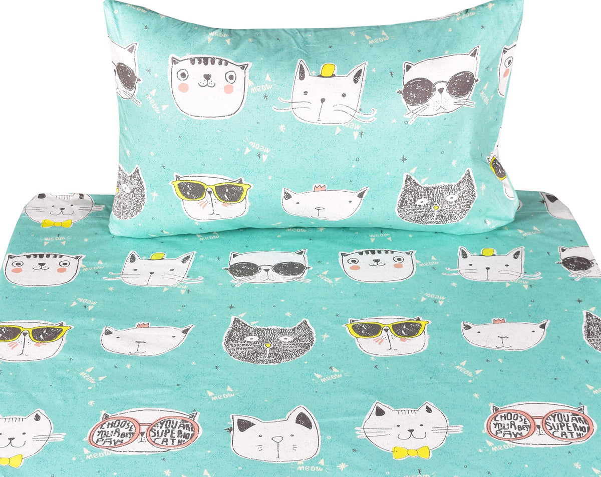 J-Pinno Cats Kitty Cute Twin 100% Cotton 3 Pieces Sheet Set For Kids Girls Children Flat Sheet + Fitted Sheet + Pillowcase Beddi