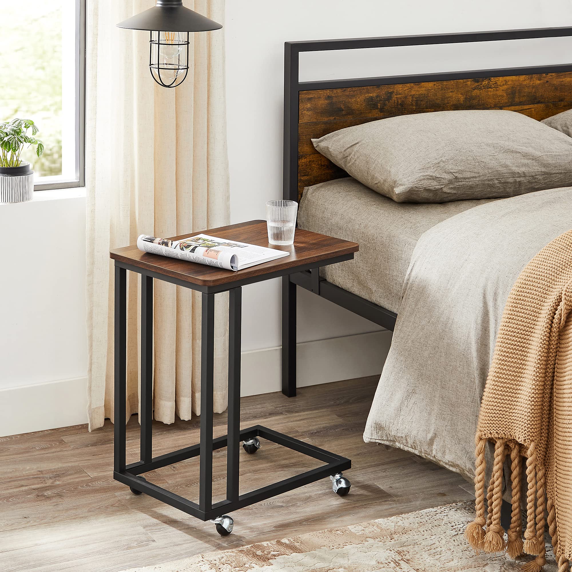 Vasagle End Table, C Shaped Tv Tray With Metal Frame Rolling Casters, Industrial Side Table For Living Room Bedroom, 19.7 X 13.8 X 23.6 Inches, Dark Walnut And Black