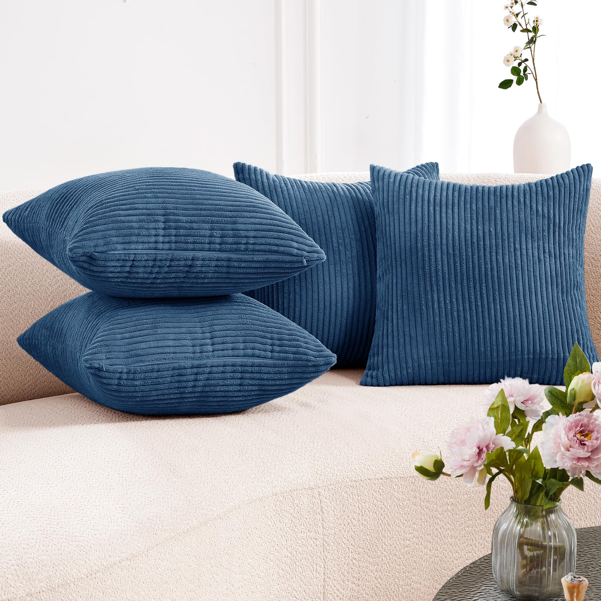 Deconovo Throw Pillow Covers, Pillow Covers 18X18, Throw Pillows, Set Of 4, Prussian Blue Corduroy Striped Decorative Sofa Couch
