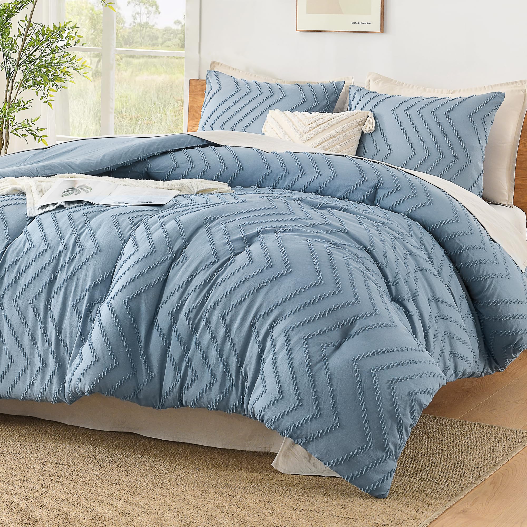 Litanika King Comforter Set Grayish Blue, 3 Pieces Lightweight Tufted Solid Bedding Sets, Down Alternative Comforter Fluffy Bed