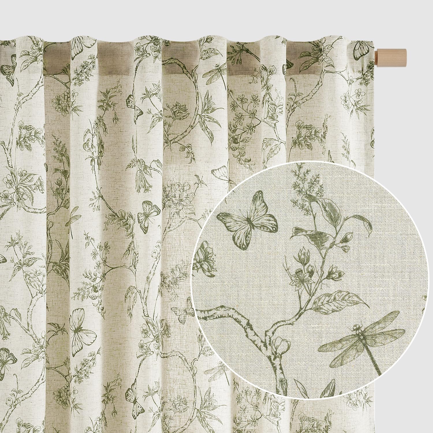 Lazzzy Linen Farmhouse Curtains Green Floral Curtains 63 Inch Length Back Tab Drapes for Living Room Bedroom Light Filtering Cou