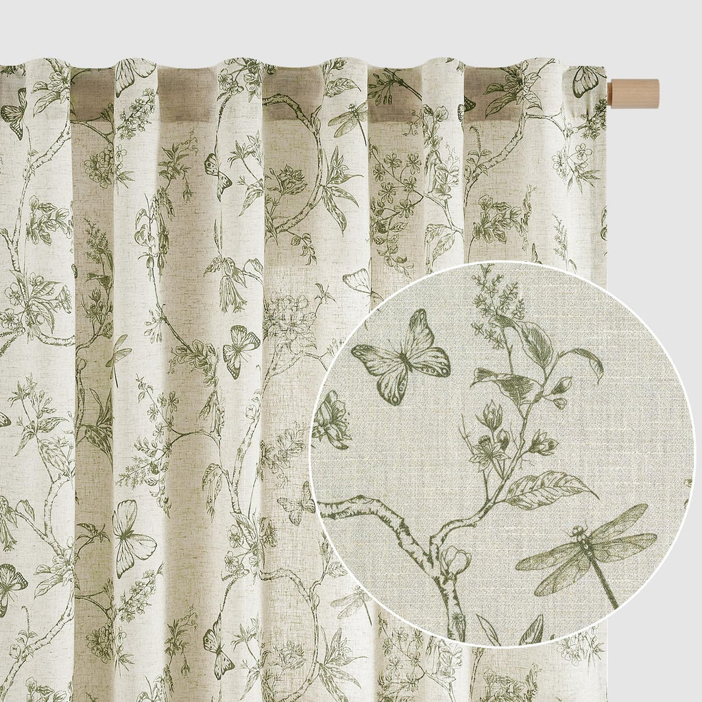 Lazzzy Linen Green Floral Curtains 90 Inch Length Farmhouse Curtain Back Tab Drapes for Living Room Bedroom Light Filtering Vint
