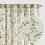 Lazzzy Linen Green Floral Curtains 90 Inch Length Farmhouse Curtain Back Tab Drapes for Living Room Bedroom Light Filtering Vint