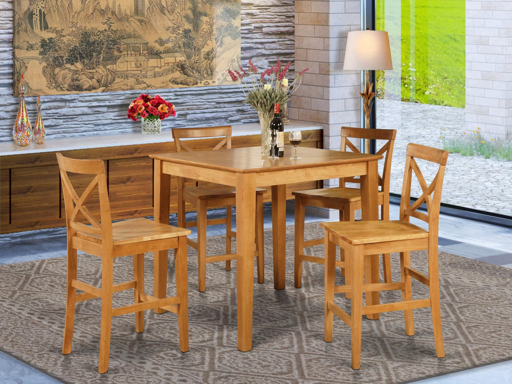 East West Furniture PUBS5-OAK-W 5 Piece Kitchen Counter Set Includes a Square Dining Table and 4 Dining Room Chairs, 36x36 Inch, Oak