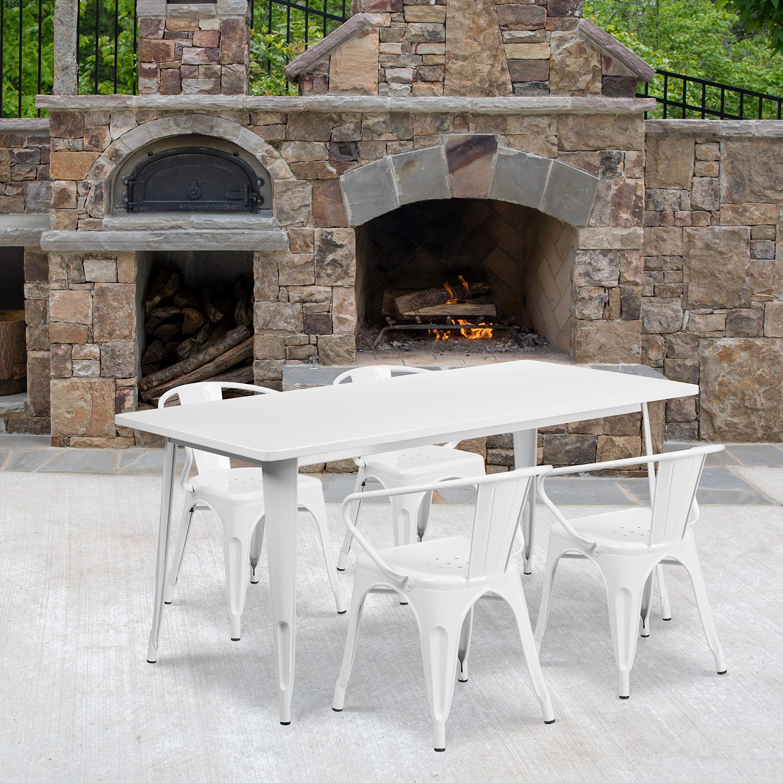 Flash Furniture Commercial Grade 31.5&quot; x 63&quot; Rectangular White Metal Indoor-Outdoor Table Set with 4 Arm Chairs