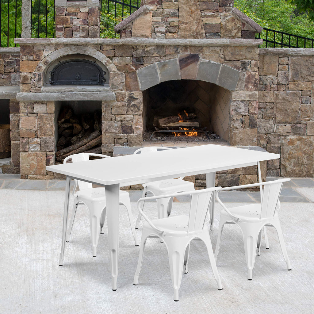Flash Furniture Commercial Grade 31.5" x 63" Rectangular White Metal Indoor-Outdoor Table Set with 4 Arm Chairs