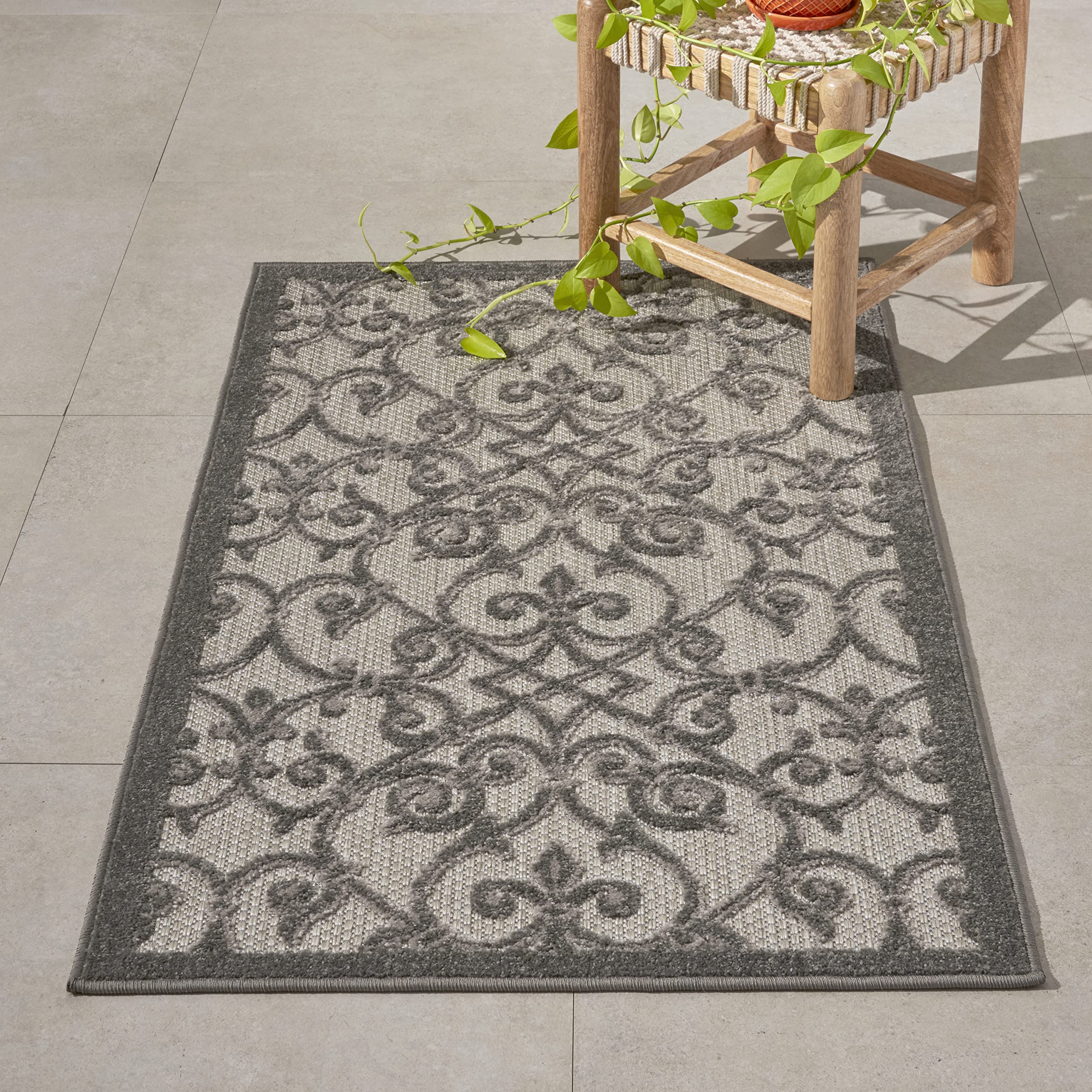 Nourison Aloha Indoor/Outdoor Grey/Charcoal 2'8' X 4' Area Rug, Transitional, French Country, Easy Cleaning, Non Shedding, Bed