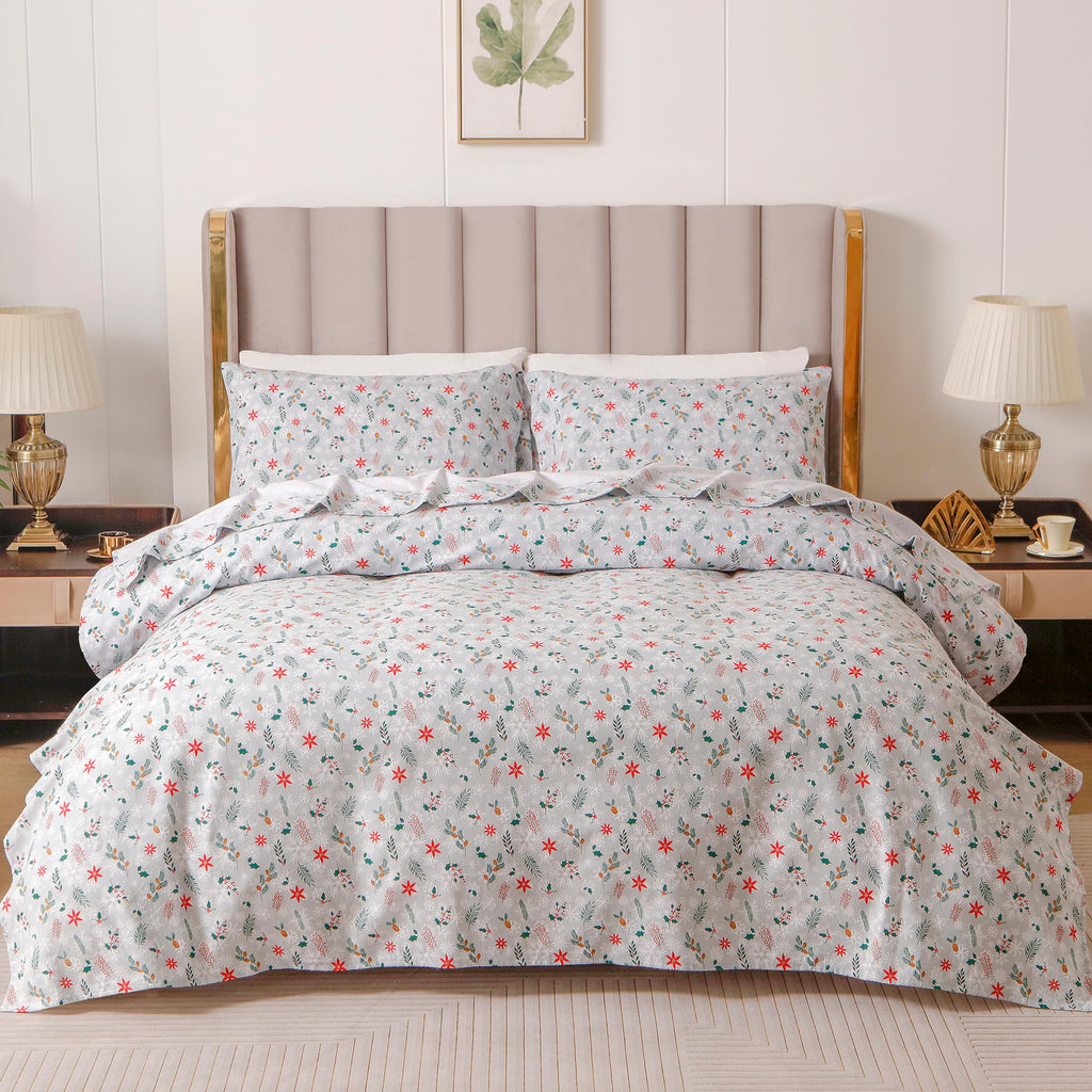 Elegant Comfort Ultra Soft 4-Piece 100% Turkish Cotton Flannel Sheet Set - Holiday Christmas Flannel Sheets, Warm And Cozy Premium Quality, Deep Pocket Fitted Sheet- Full, Poinsettia