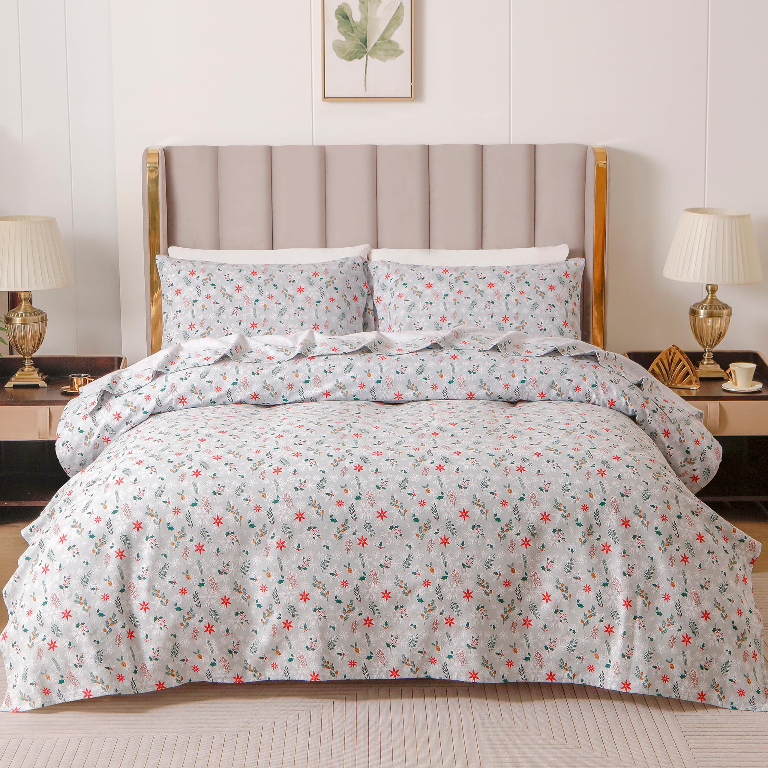 Elegant Comfort Ultra Soft 4-Piece 100% Turkish Cotton Flannel Sheet Set - Holiday Christmas Flannel Sheets, Warm And Cozy Premium Quality, Deep Pocket Fitted Sheet- Full, Poinsettia