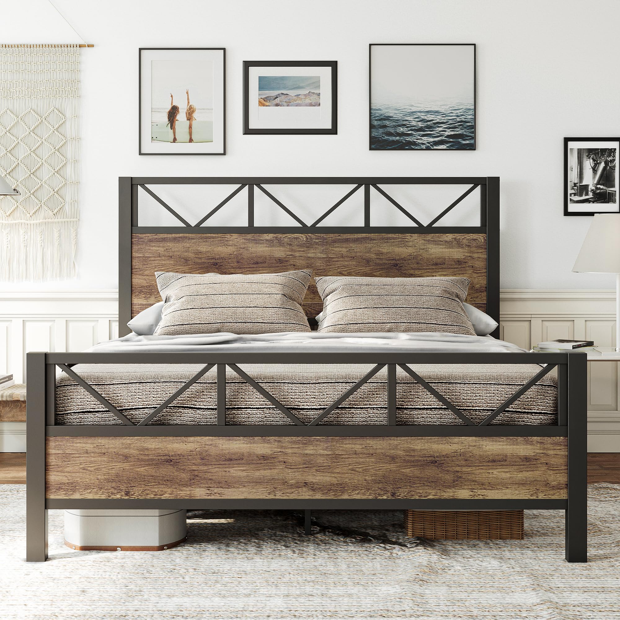 LIKIMIO Queen Bed Frame, Tall Industrial Headboard 51.2  , Platform Bed Frame with Strong Metal Support, Solid and Stable, Noise