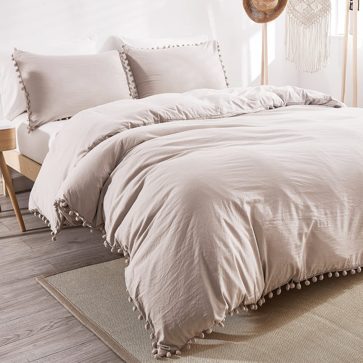 Andency Pom Pom Fringe Duvet Cover Queen Size (90X90 Inch), 3 Pieces (1 Solid Khaki Duvet Cover, 2 Pillowcases) Soft Washed Micr