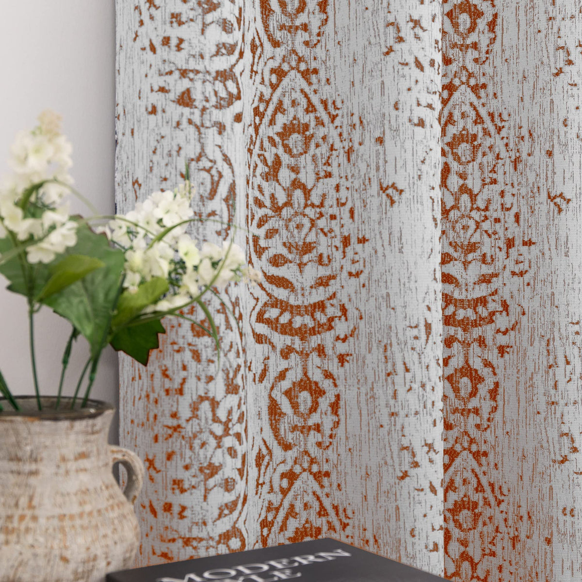 Mrs.Naturall Rust Orange Retro Curtains For Living Room 2 Panels Wavy Pattern Print Western Curtains For Bedroom,90 Inches Long,