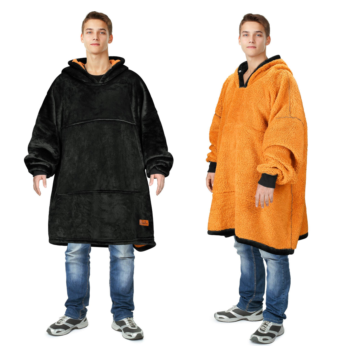 Catalonia Oversized Hoodie Fleece Blanket Sweatshirt Comfortable Sherpa Giant Pullover In Black/Golden Sherpa - One Size