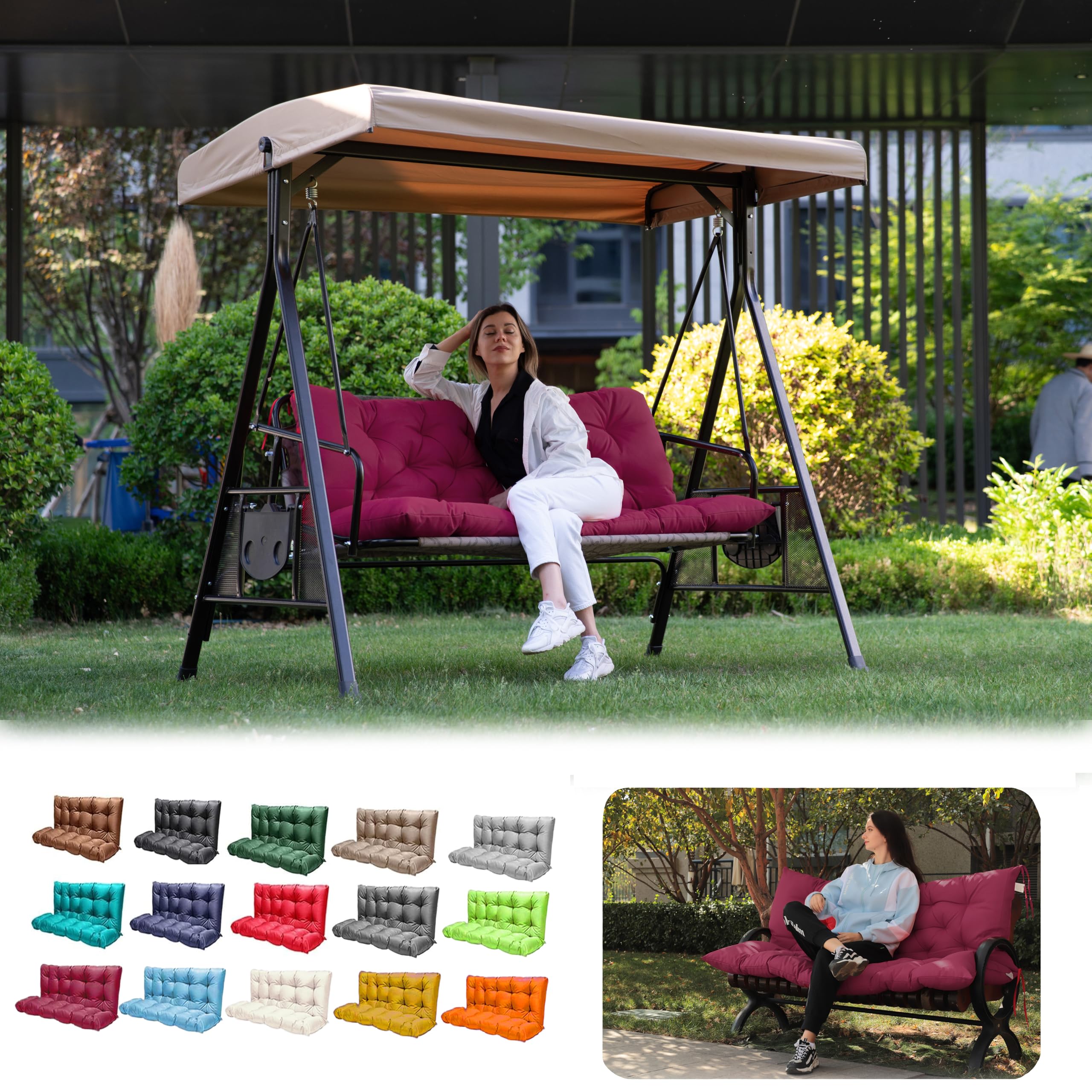Lcyy.Tg Outdoor Swing Cushions, 3 Seat Porch Swing Cushion Replacement With Backrest, Swing Cushions For Outdoor Furniture, For