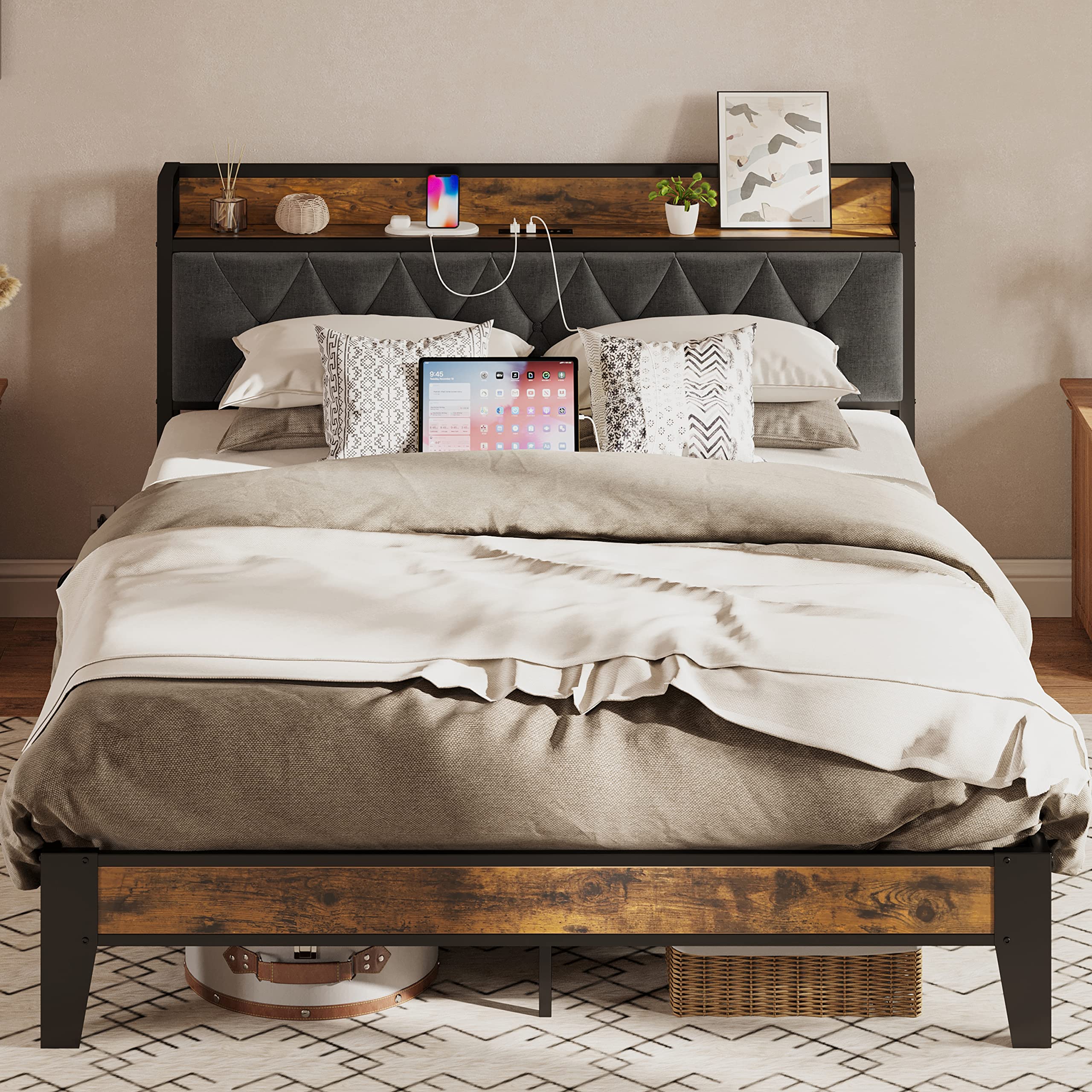 ANCTOR Full Size Bed Frame, Storage Headboard with Outlets, Easy to Install, Sturdy and Stable, No Noise, No Box Springs Needed 
