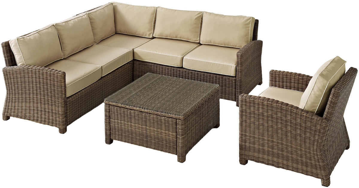 Crosley Furniture Bradenton 5-Piece Outdoor Sectional Sofa Wicker Conversation Patio Furniture Set for Deck, Brown with Sand Cushions