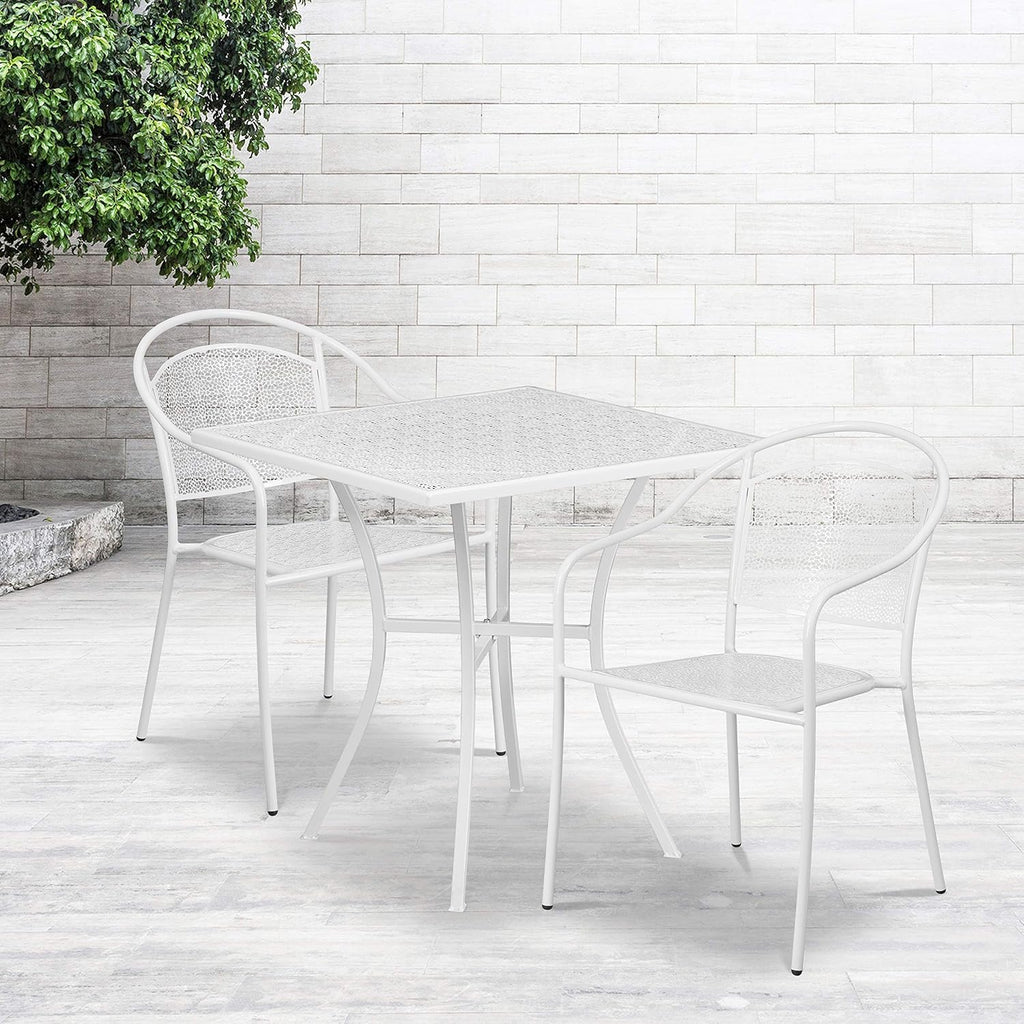 Commercial Grade 28 Square White Indoor-Outdoor Steel Patio Table Set with 2 Round Back Chairs