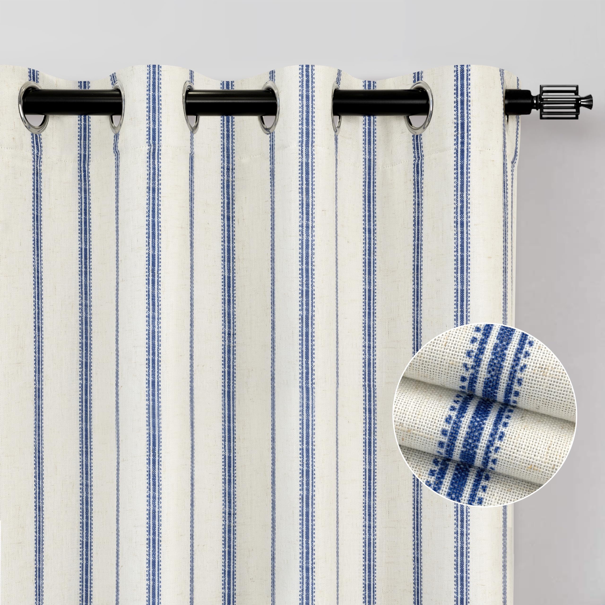 Driftaway Farmhouse Linen Blend Blackout Curtains 96 Inches Long For Bedroom Vertical Striped Printed Linen Curtains Thermal Ins
