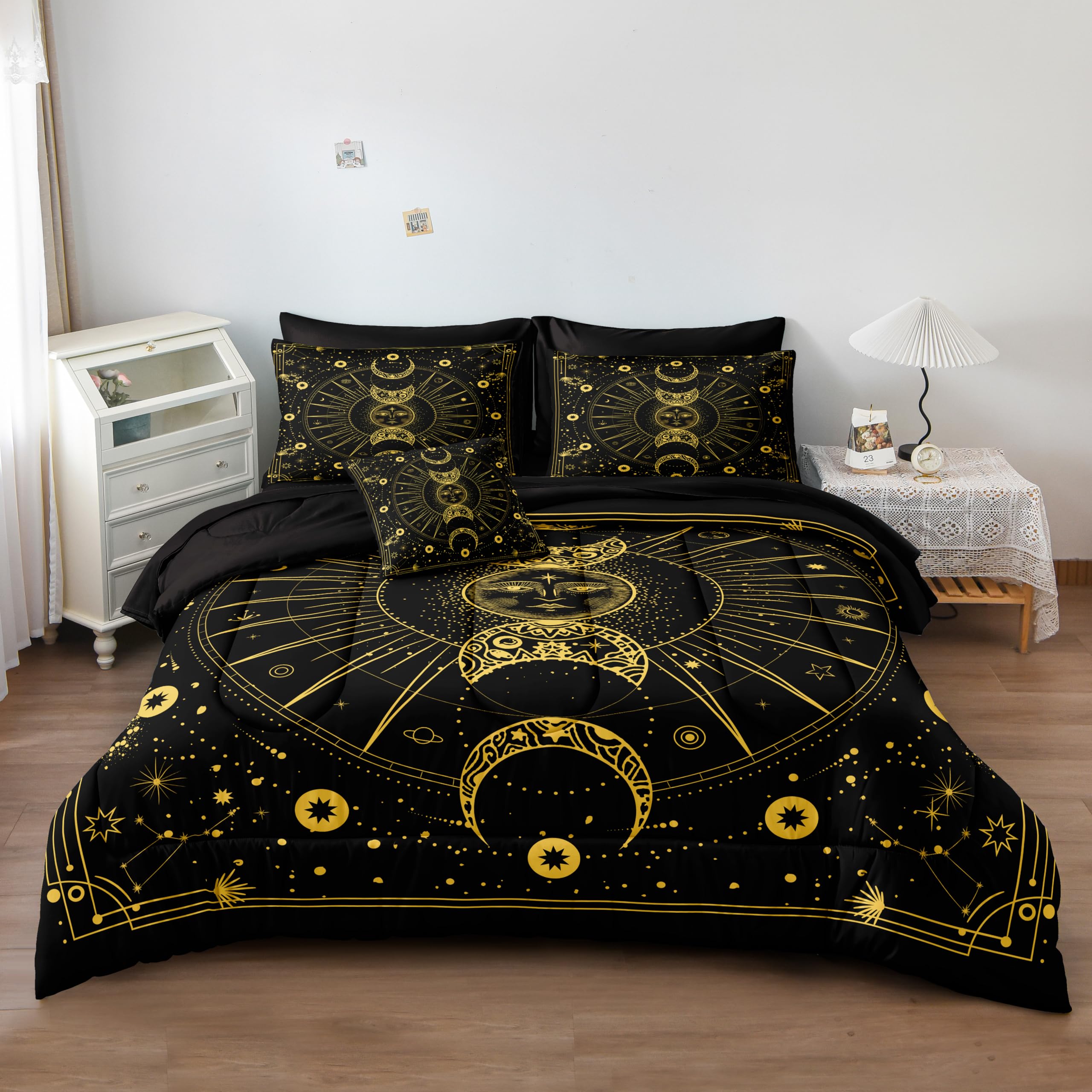 Bedbay Sun Moon Comforter Set 8 Pcs Black And Gold Trippy Galaxy Bedding Set Bed In A Bag Constellation Horoscope Bedding King B