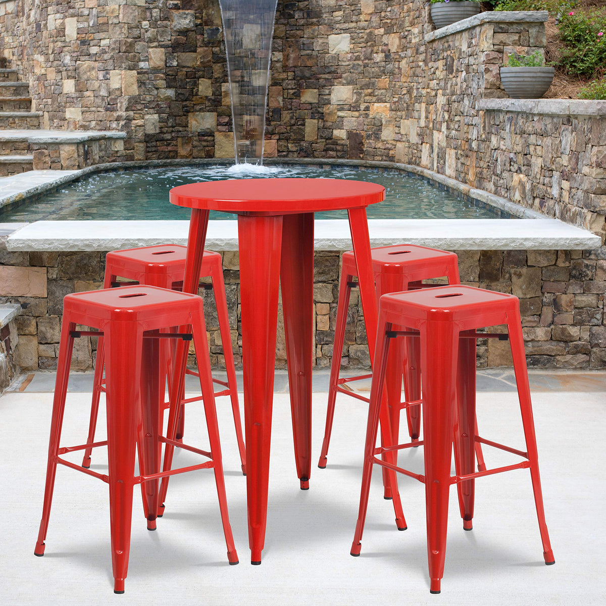 Flash Furniture Ormsby Commercial Grade 24&quot; Round Red Metal Indoor-Outdoor Bar Table Set with 4 Square Seat Backless Stools