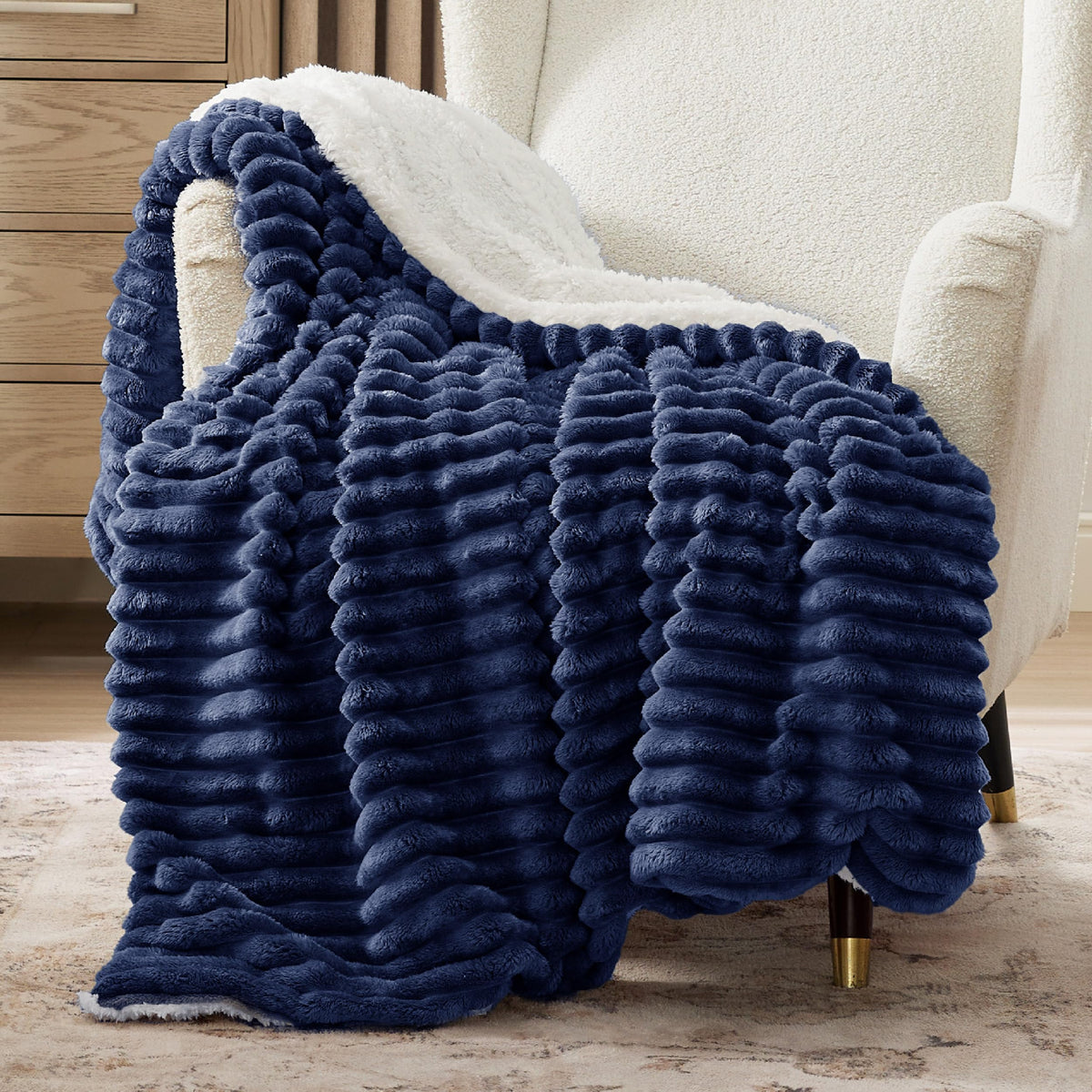 Bedsure Sherpa Throw Blanket For Couch - Super Soft Cozy Fleece Thick Warm Blanket For Winter, Plush Navy Blue Throw Gift For Women, 50X60 Inches