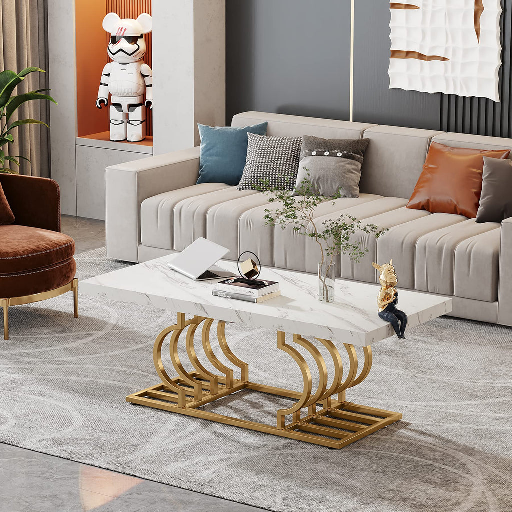 Tribesigns Modern Coffee Table, 47 Inch Faux Marble Cocktail Table With Geometric Frame, Rectangular Center Table Tea Table Accent Furniture For Living Room, Simple Assembly (White/Gold)