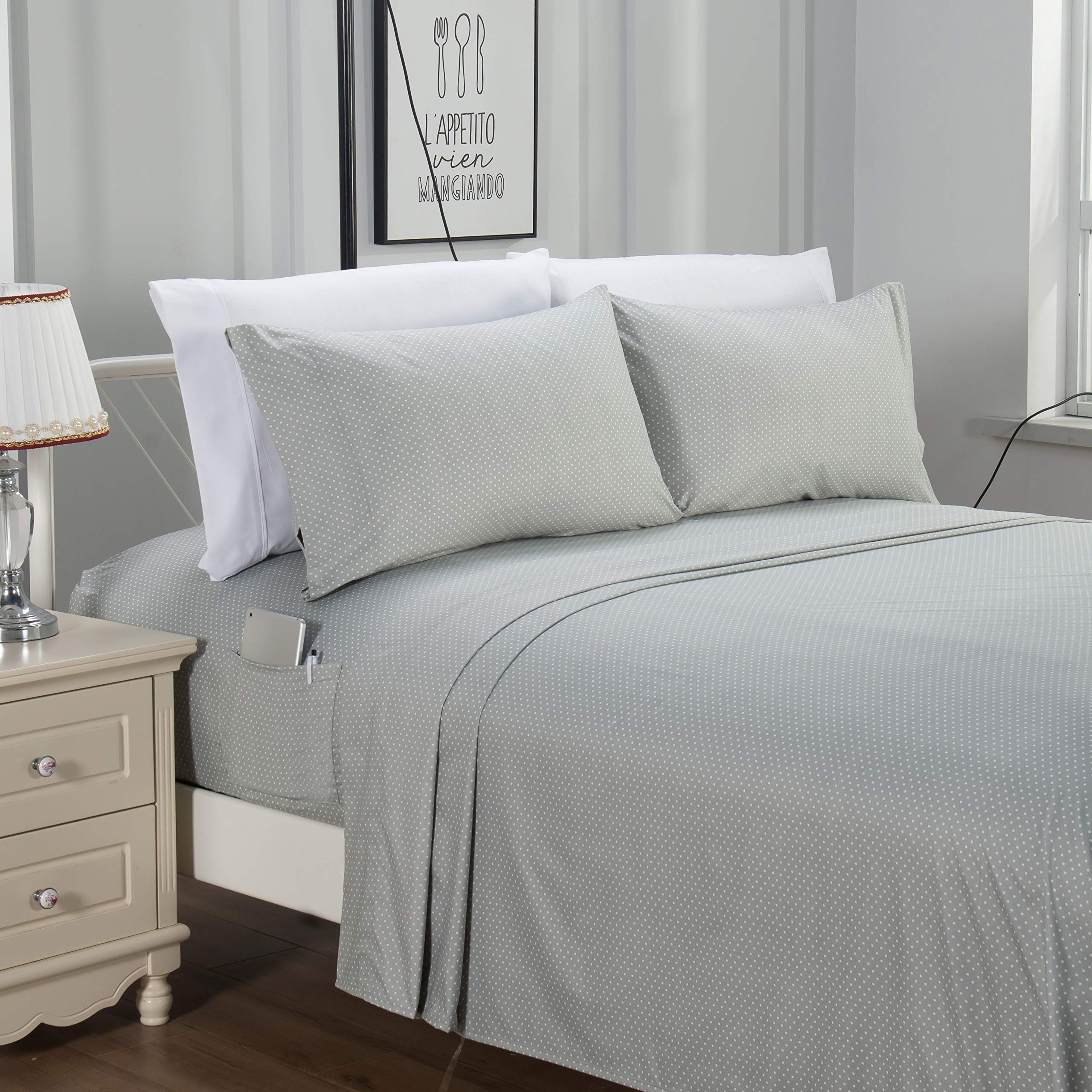 Elegant Comfort Delilah Polkadot 6-Piece Set, Fade & Wrinkle Resistant, 1500 Premium Hotel Quality Microfiber Deep Pocket Fitted Sheet Featuring Smart Pockets, Polkadot Sheet Set, King, Grey
