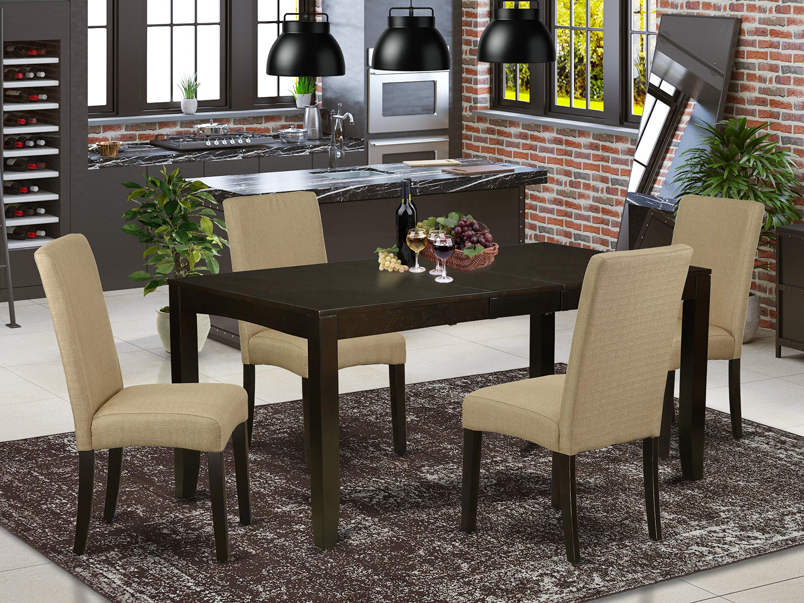 East West Furniture Lydr5-Cap-03 5 Piece Dining Table Set For 4 Includes A Rectangle Kitchen Table With Butterfly Leaf And 4 Brown Linen Fabric Upholstered Chairs, 36X66 Inch, Cappuccino