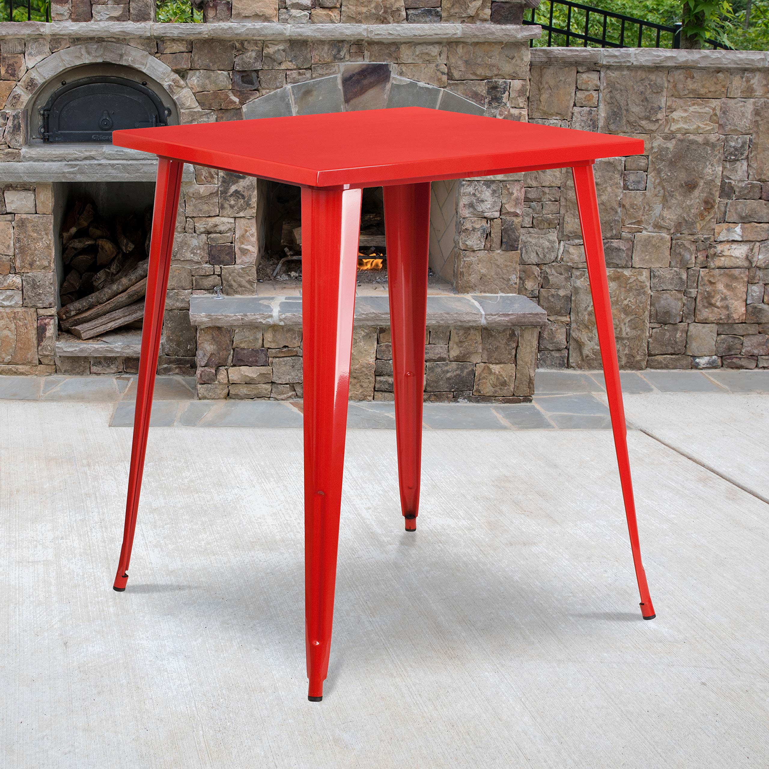 EMMA + OLIVER Commercial Grade 31.5 Square Red Metal Indoor-Outdoor Bar Height Table